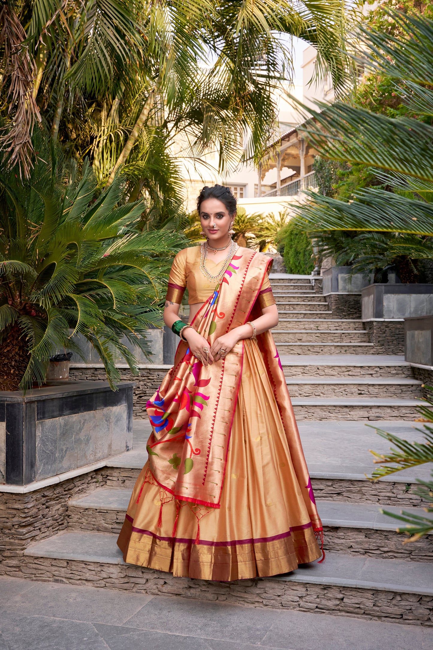 Lorenvalley Chiku Jacquard Silk Paithani Zari Weaving Work Lehenga Choli with Dupatta | Swadesiicart