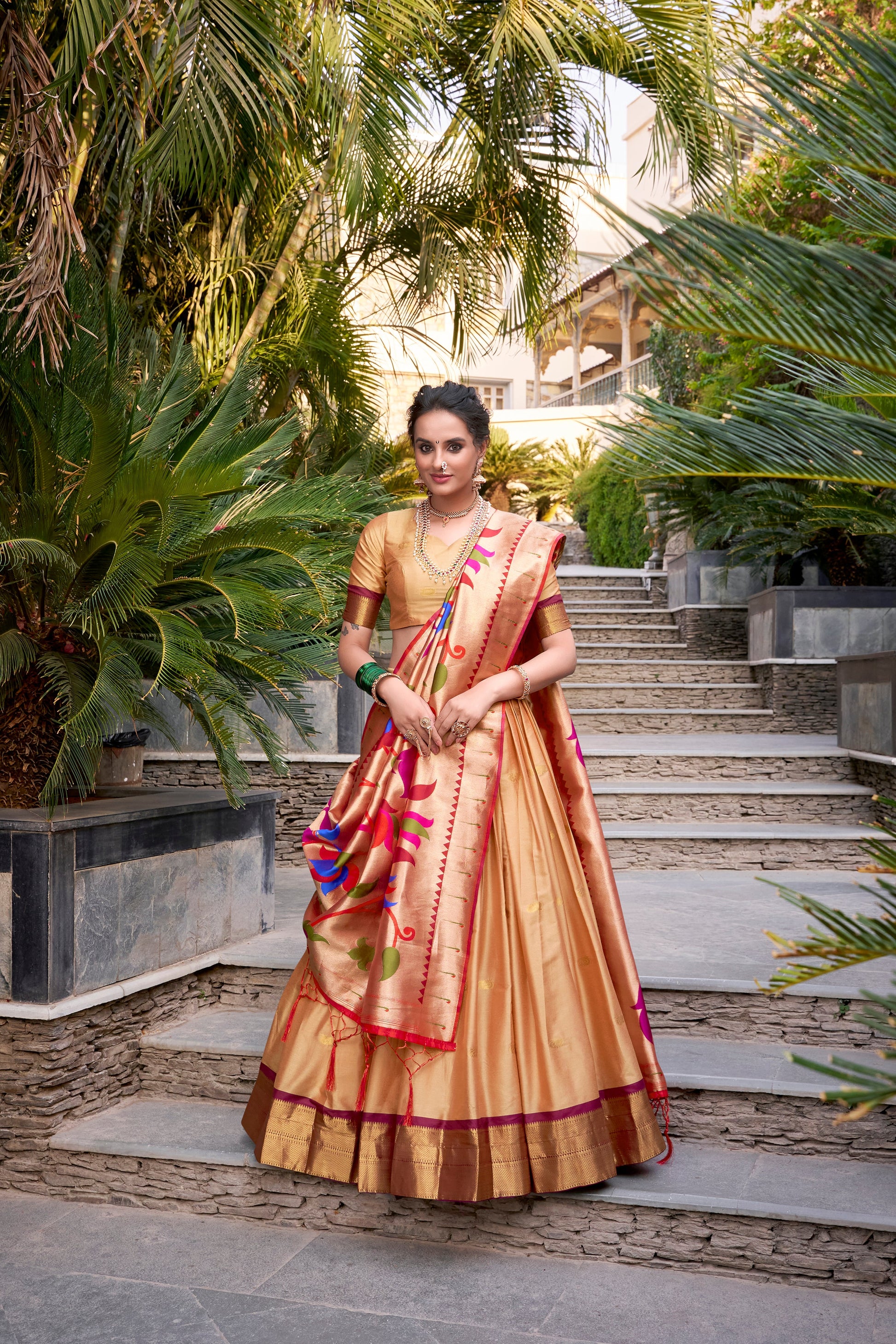 Lorenvalley Chiku Jacquard Silk Paithani Zari Weaving Work Lehenga Choli with Dupatta | Swadesiicart