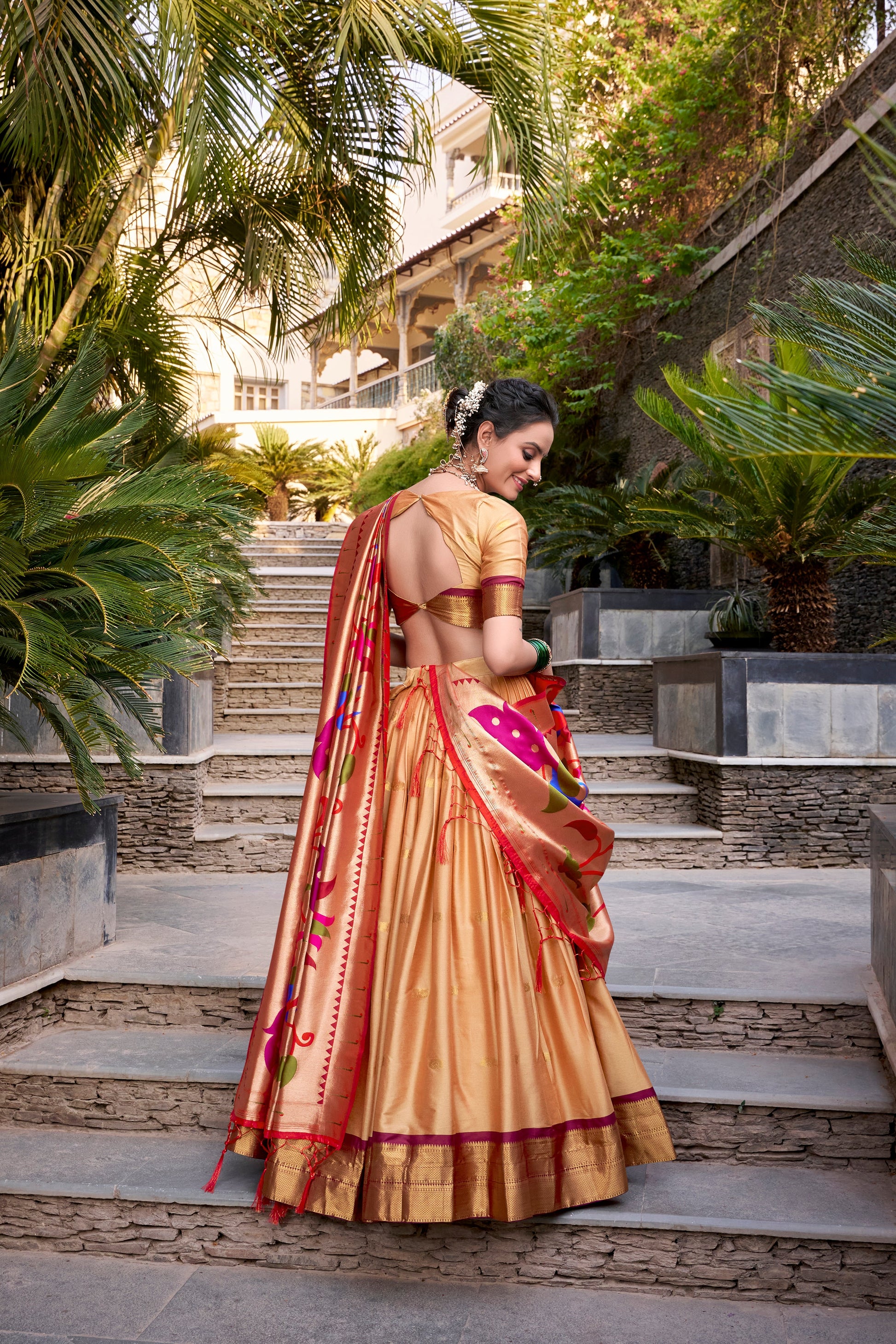 Lorenvalley Chiku Jacquard Silk Paithani Zari Weaving Work Lehenga Choli with Dupatta | Swadesiicart