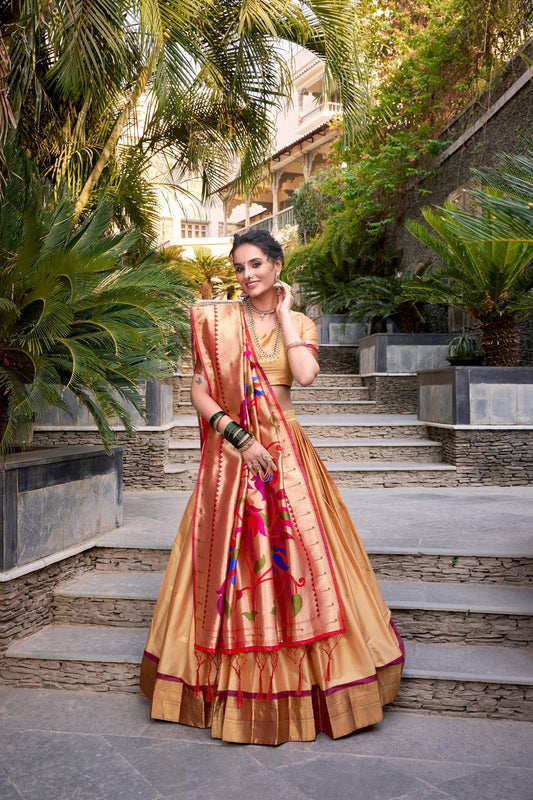Lorenvalley Chiku Jacquard Silk Paithani Zari Weaving Work Lehenga Choli with Dupatta | Swadesiicart