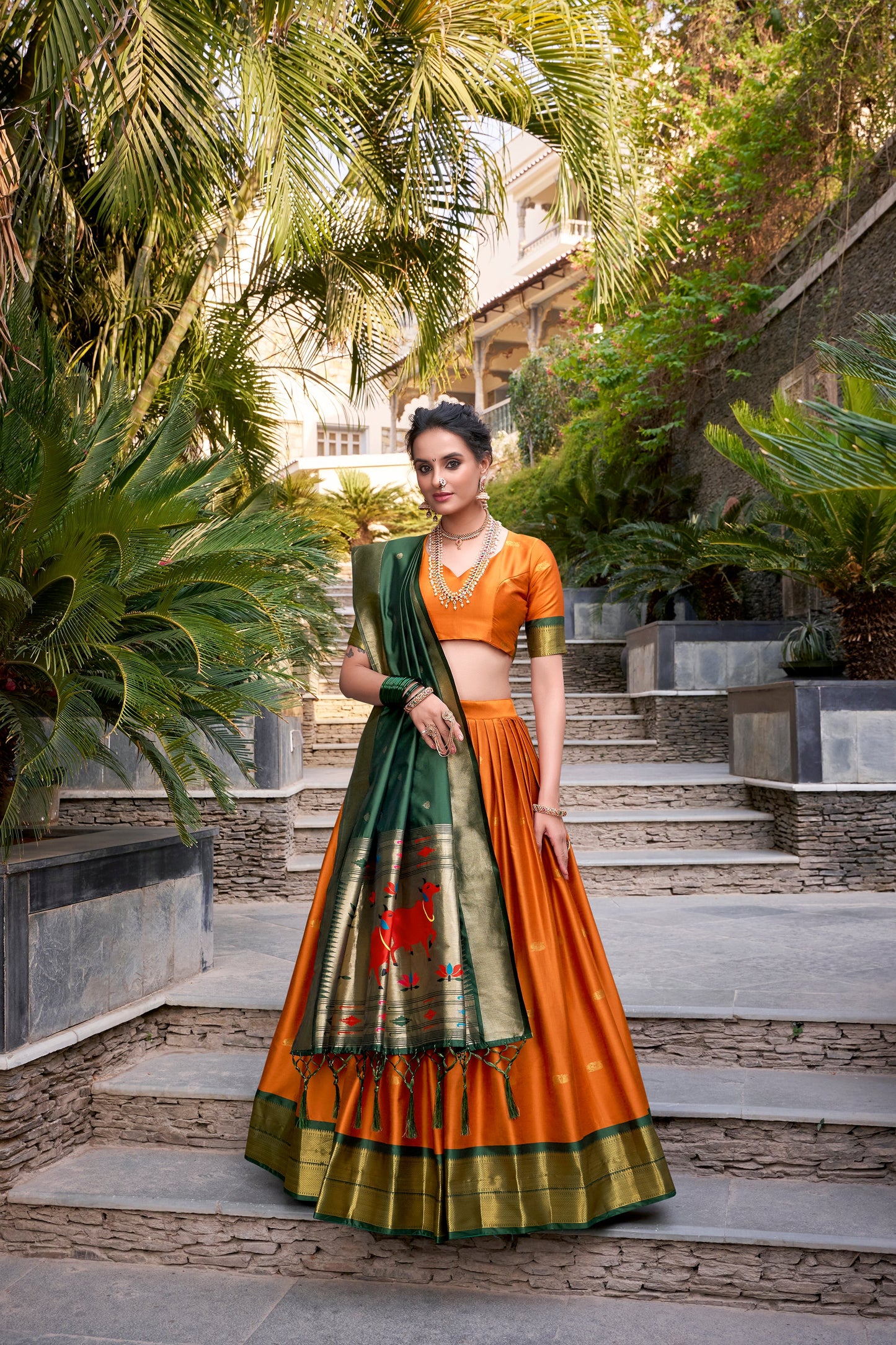 Lorenvalley Orange Jacquard Silk Paithani Zari Weaving Work Lehenga Choli with Dupatta | Swadesiicart
