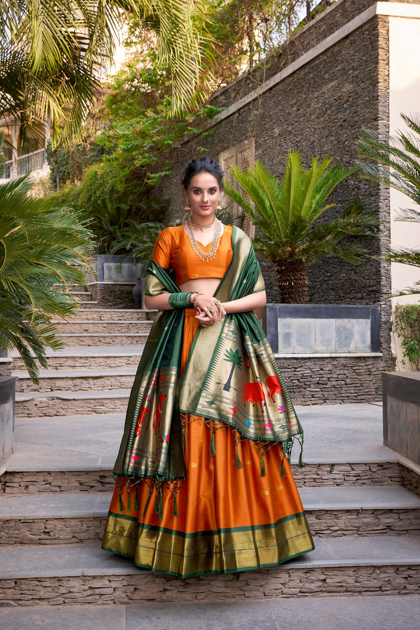 Lorenvalley Orange Jacquard Silk Paithani Zari Weaving Work Lehenga Choli with Dupatta | Swadesiicart