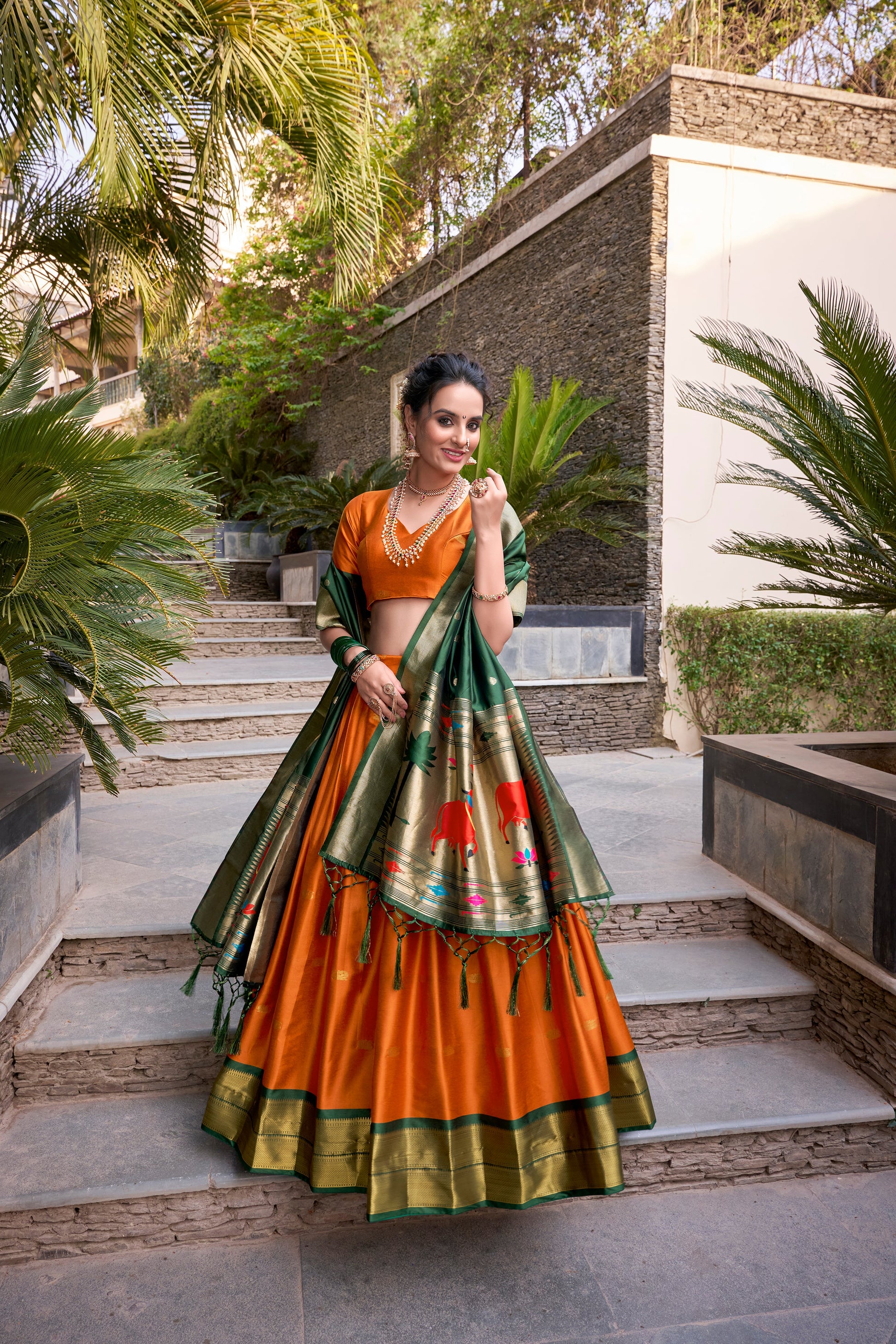 Lorenvalley Orange Jacquard Silk Paithani Zari Weaving Work Lehenga Choli with Dupatta | Swadesiicart