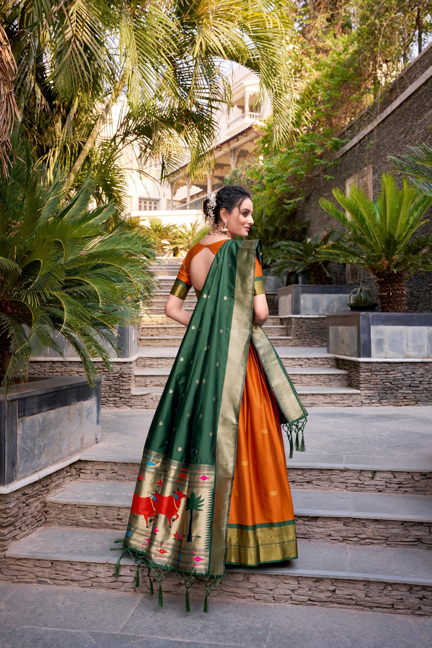 Lorenvalley Orange Jacquard Silk Paithani Zari Weaving Work Lehenga Choli with Dupatta | Swadesiicart