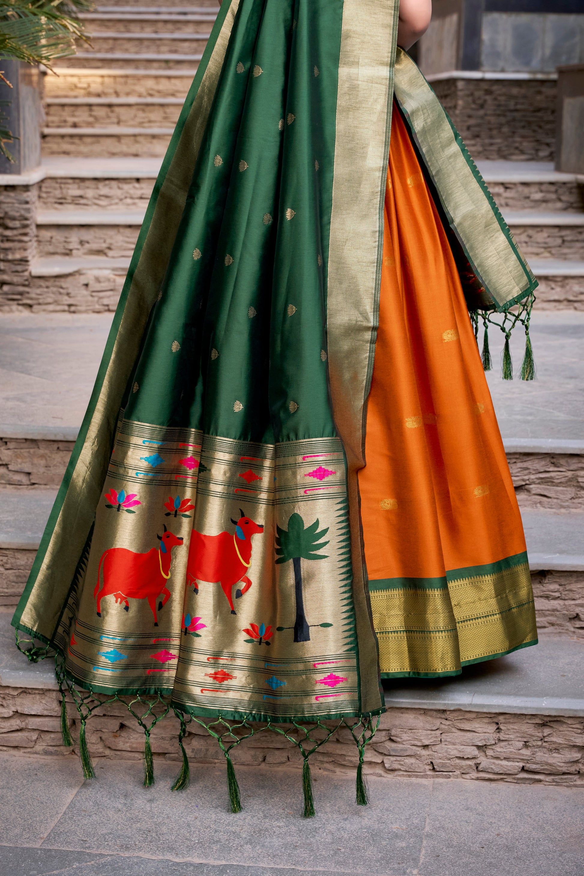 Lorenvalley Orange Jacquard Silk Paithani Zari Weaving Work Lehenga Choli with Dupatta | Swadesiicart
