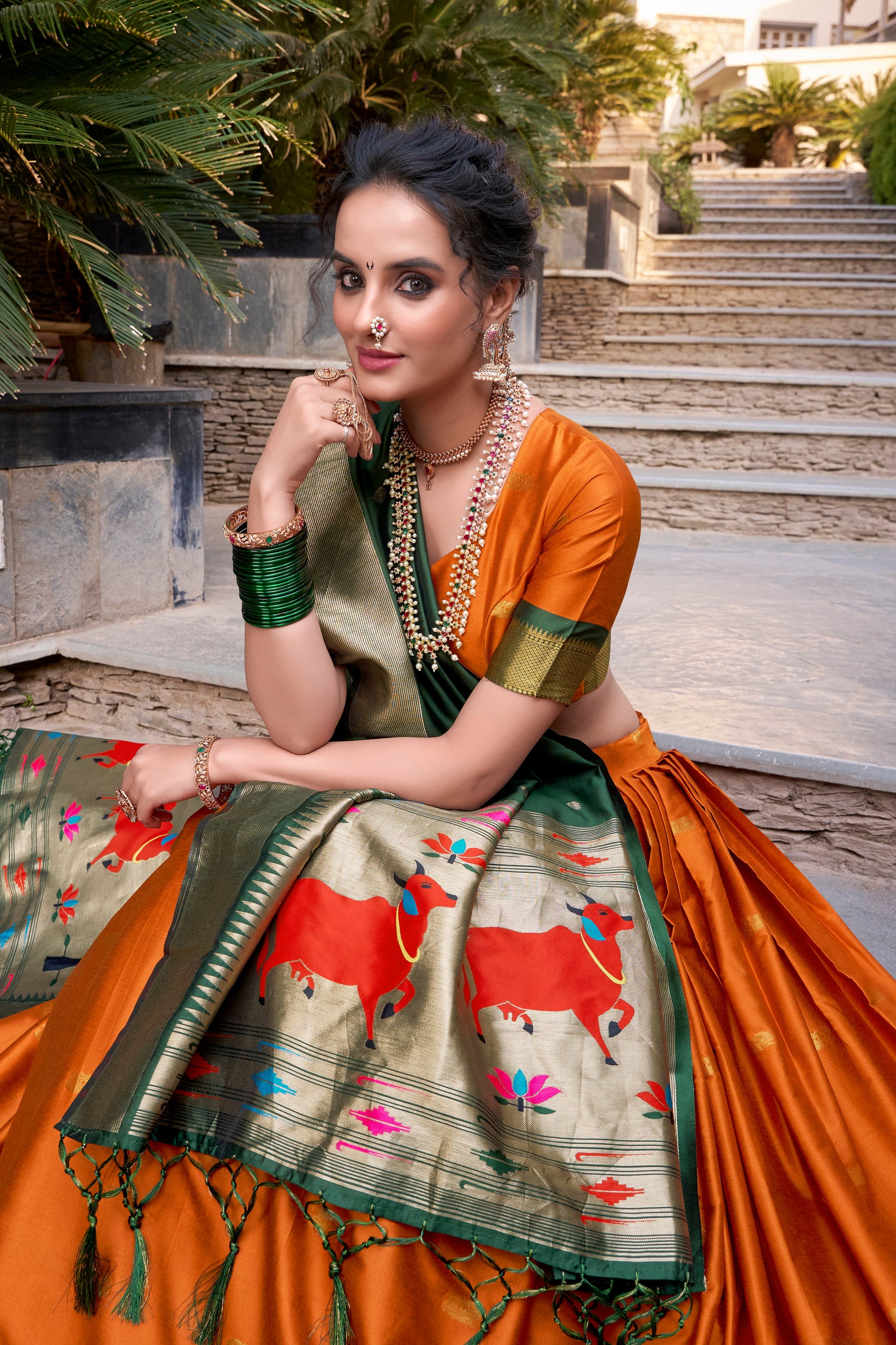 Lorenvalley Orange Jacquard Silk Paithani Zari Weaving Work Lehenga Choli with Dupatta | Swadesiicart