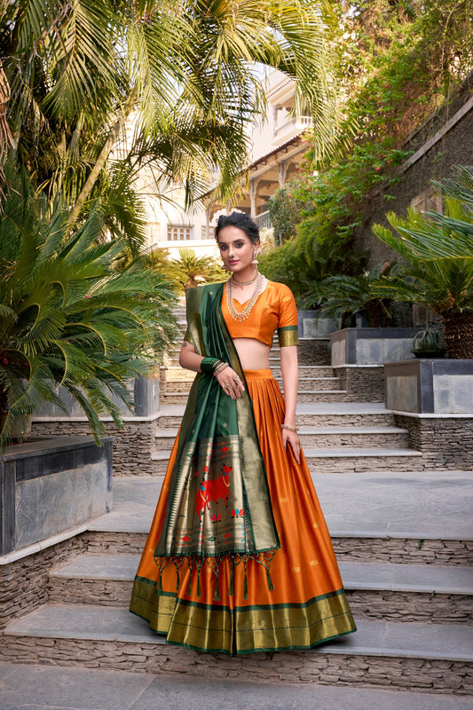 Lorenvalley Orange Jacquard Silk Paithani Zari Weaving Work Lehenga Choli with Dupatta | Swadesiicart