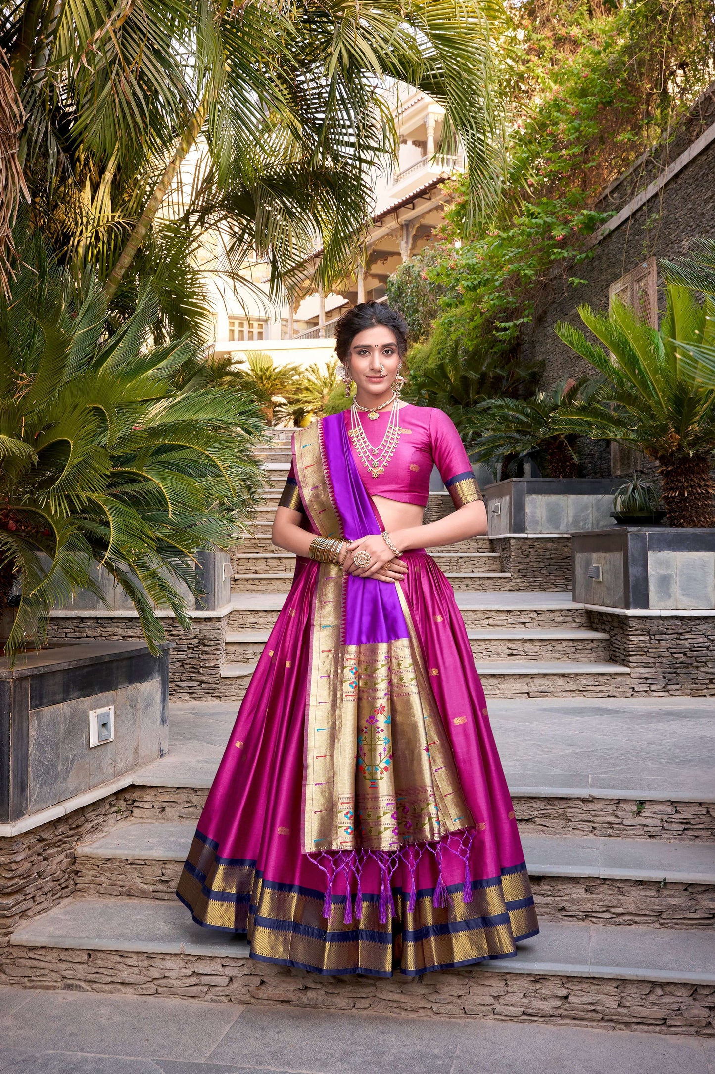 Lorenvalley Pink Jacquard Silk Paithani Zari Weaving Work Lehenga Choli with Dupatta | Swadesiicart