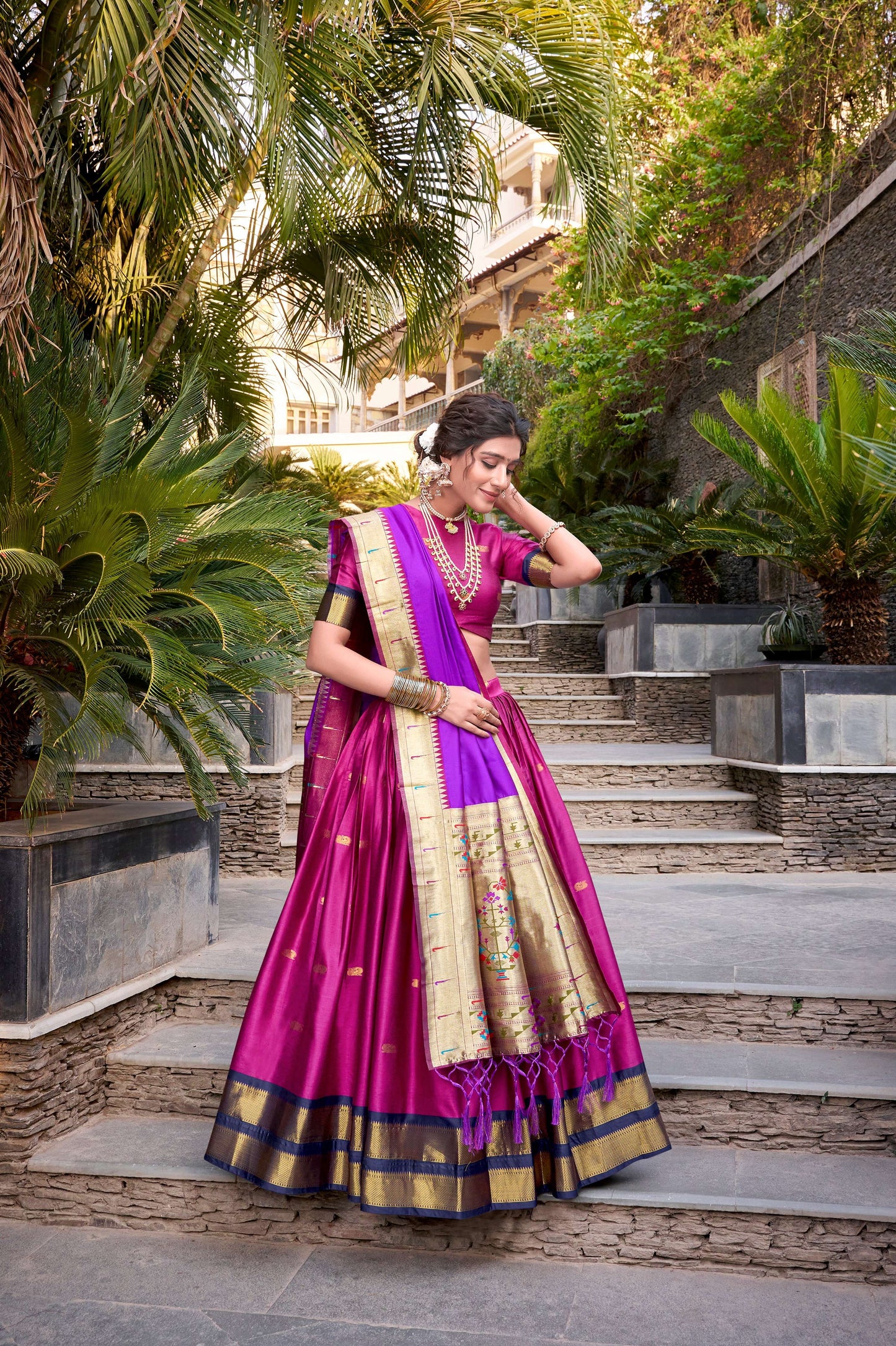 Lorenvalley Pink Jacquard Silk Paithani Zari Weaving Work Lehenga Choli with Dupatta | Swadesiicart