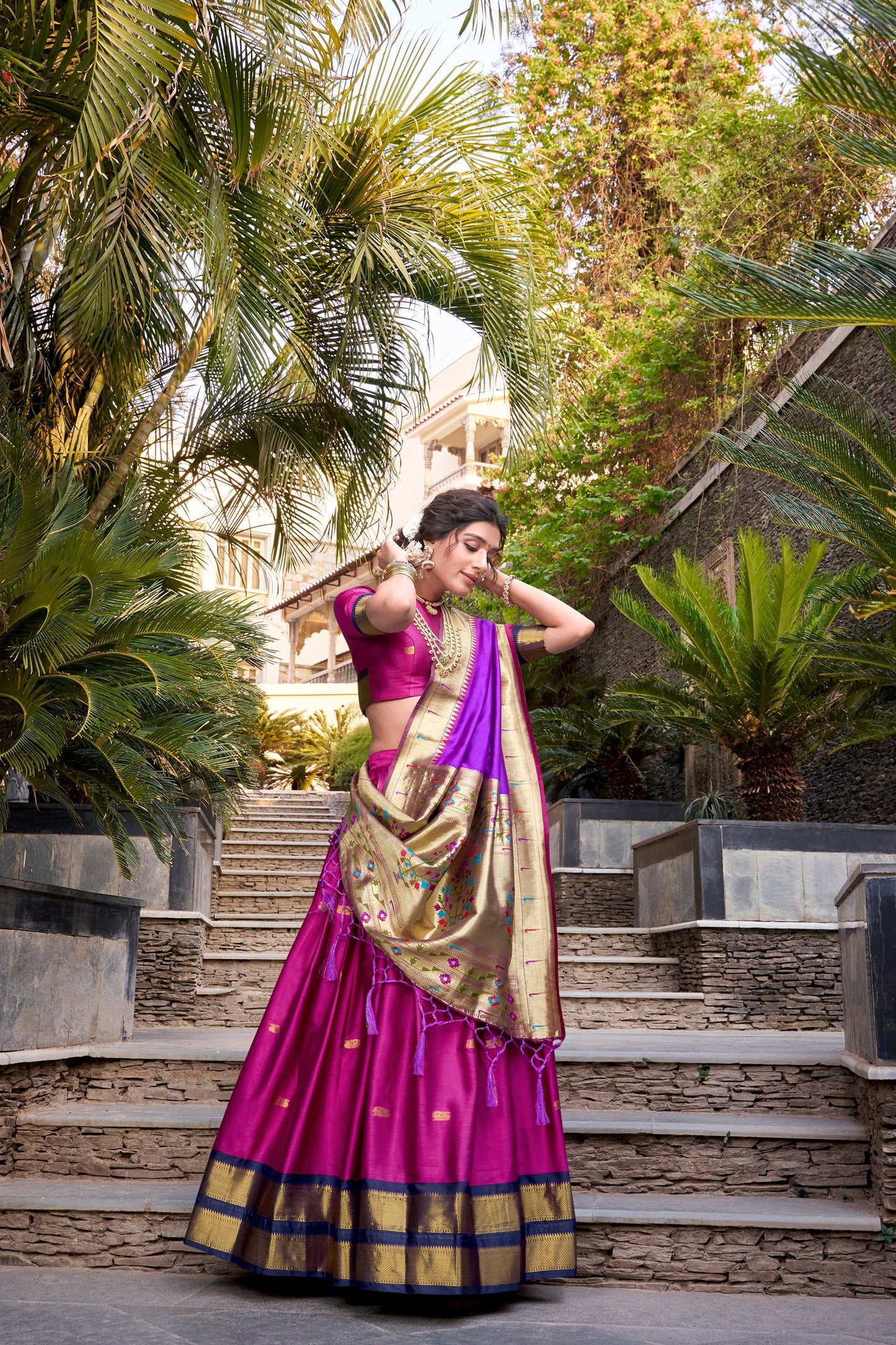 Lorenvalley Pink Jacquard Silk Paithani Zari Weaving Work Lehenga Choli with Dupatta | Swadesiicart