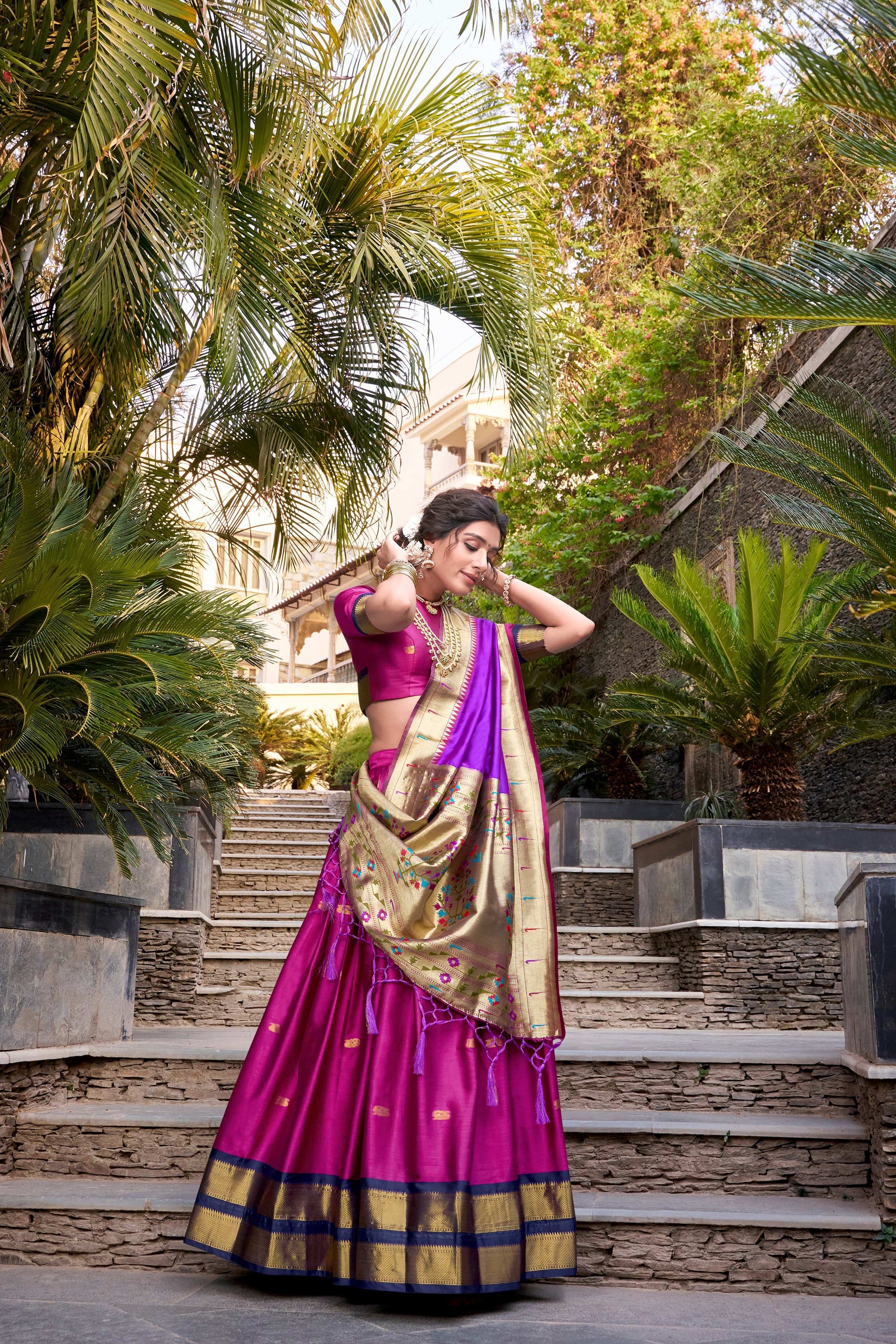 Lorenvalley Pink Jacquard Silk Paithani Zari Weaving Work Lehenga Choli with Dupatta | Swadesiicart