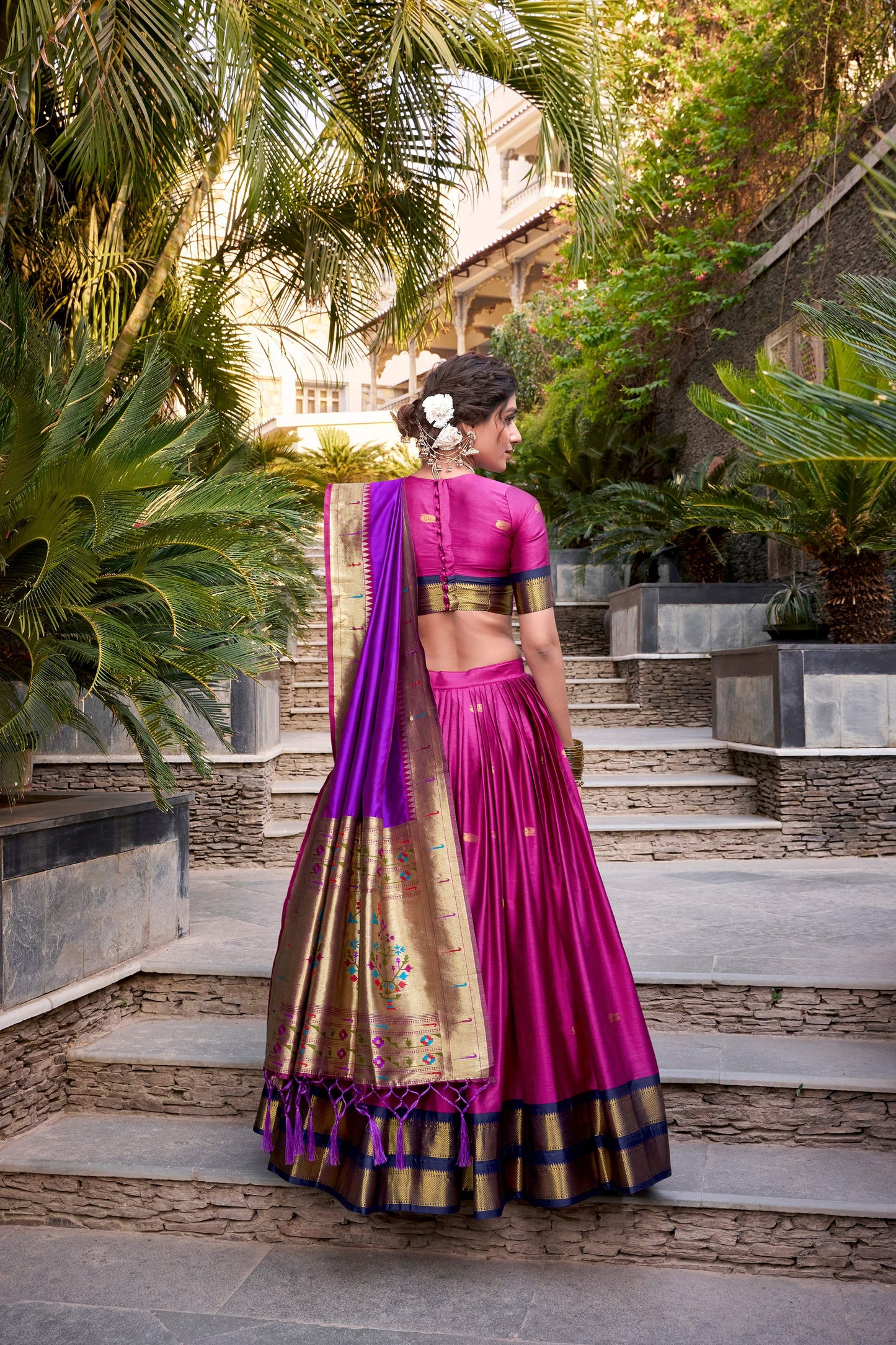 Lorenvalley Pink Jacquard Silk Paithani Zari Weaving Work Lehenga Choli with Dupatta | Swadesiicart