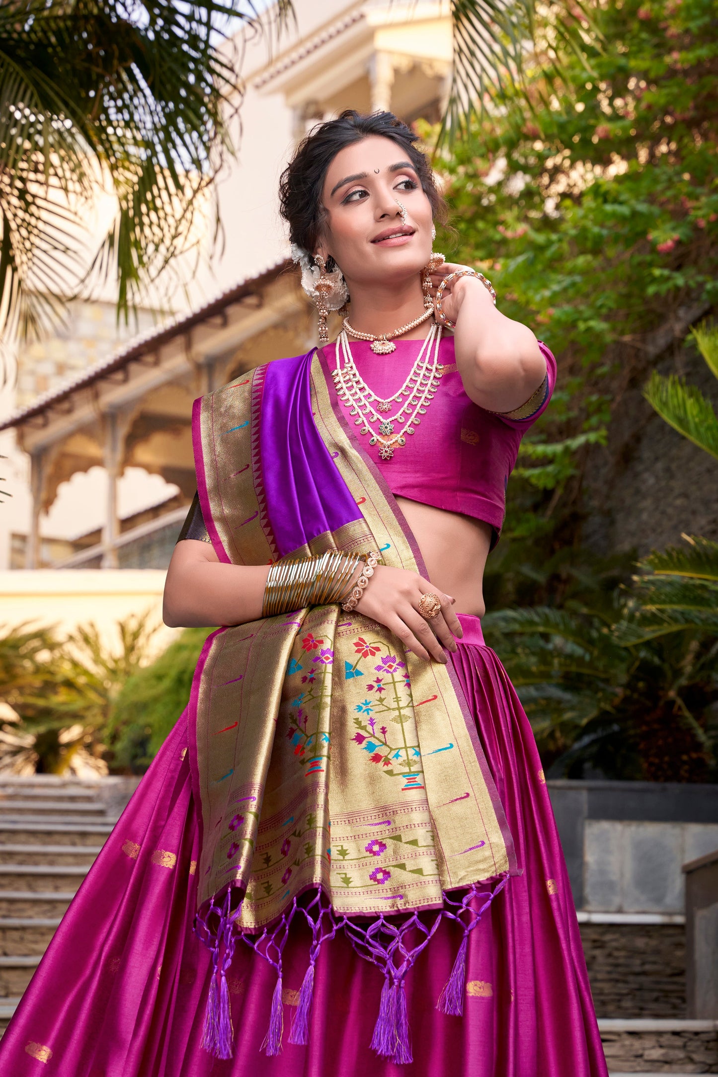 Lorenvalley Pink Jacquard Silk Paithani Zari Weaving Work Lehenga Choli with Dupatta | Swadesiicart