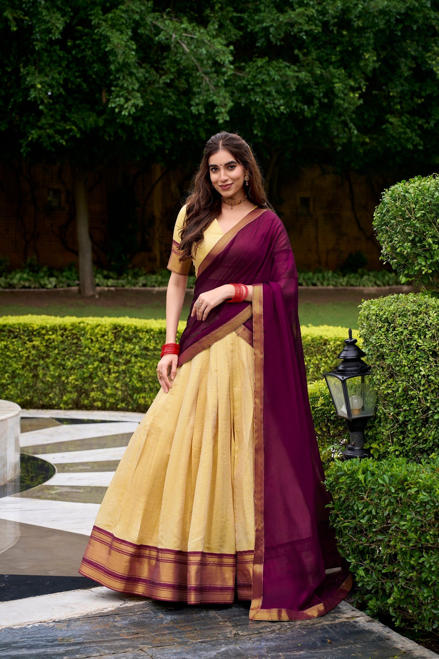Lorenvalley Fashion Cream Kanchipuram Zari Weaving Work Lehenga Choli with Dupatta - Swadesiicart