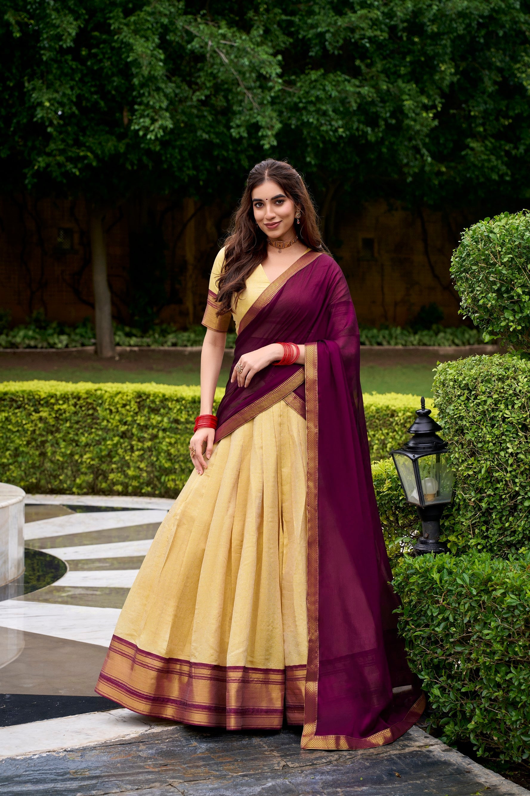 Lorenvalley Fashion Cream Kanchipuram Zari Weaving Work Lehenga Choli with Dupatta - Swadesiicart