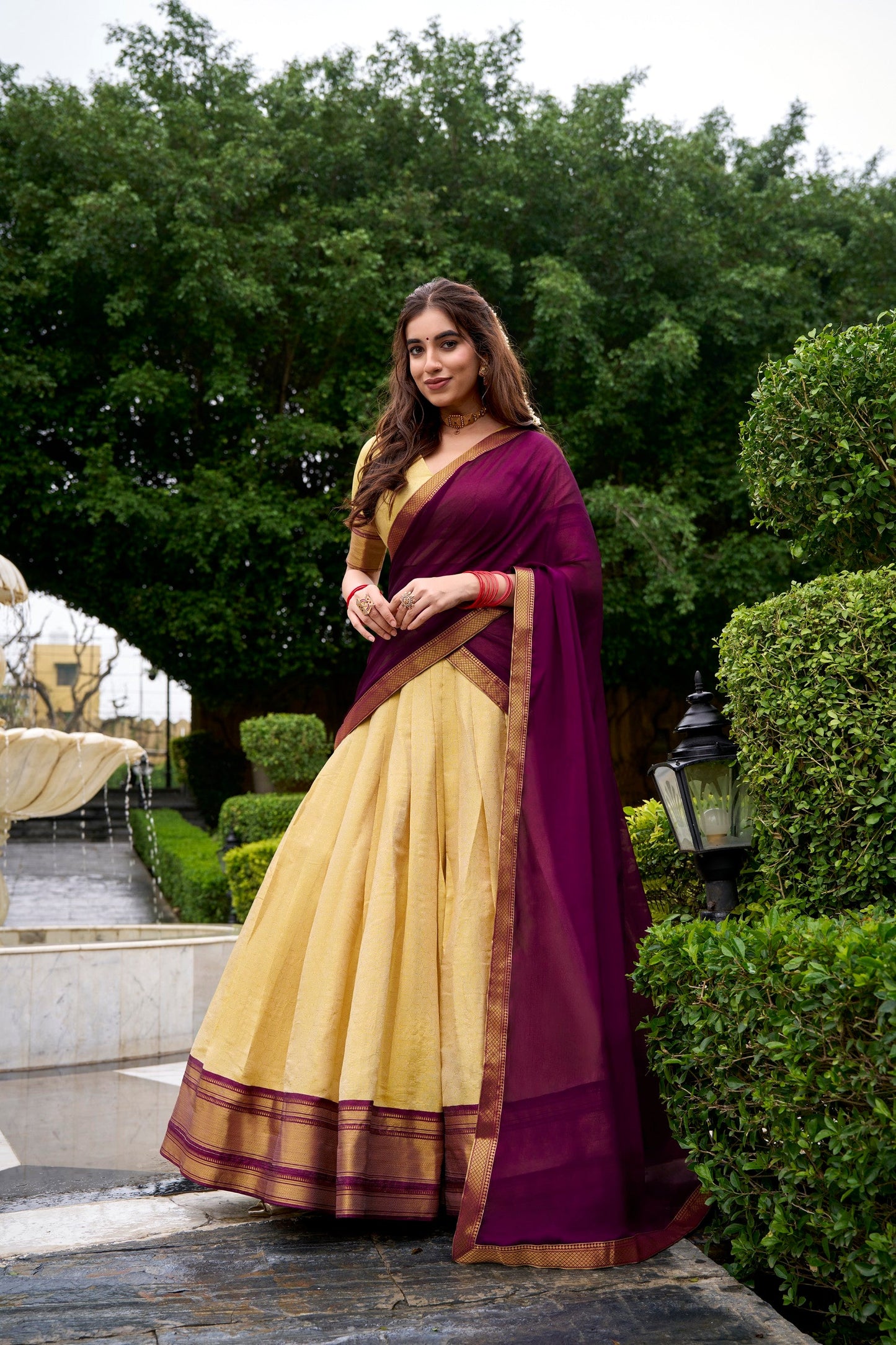 Lorenvalley Fashion Cream Kanchipuram Zari Weaving Work Lehenga Choli with Dupatta - Swadesiicart
