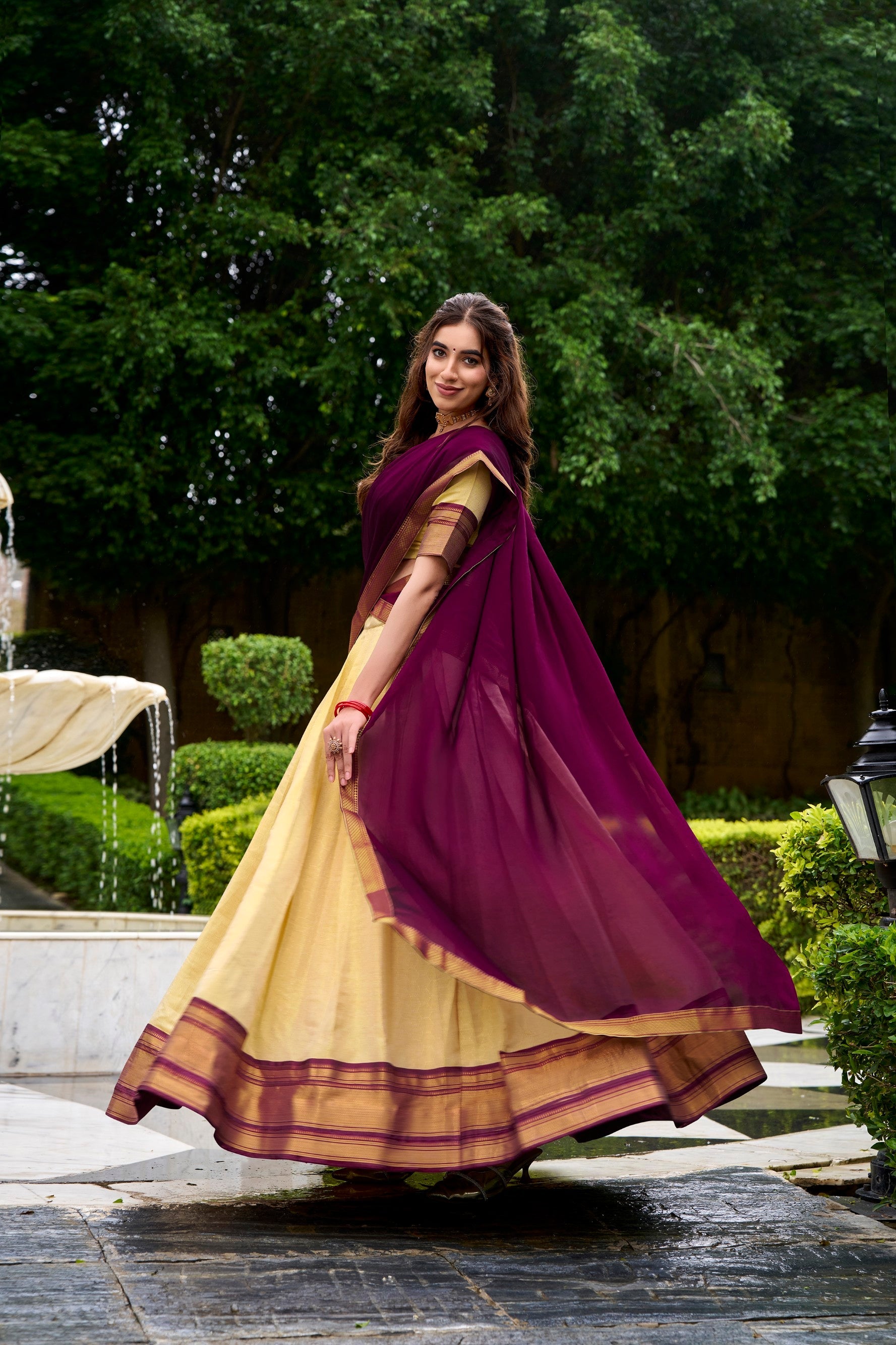 Lorenvalley Fashion Cream Kanchipuram Zari Weaving Work Lehenga Choli with Dupatta - Swadesiicart