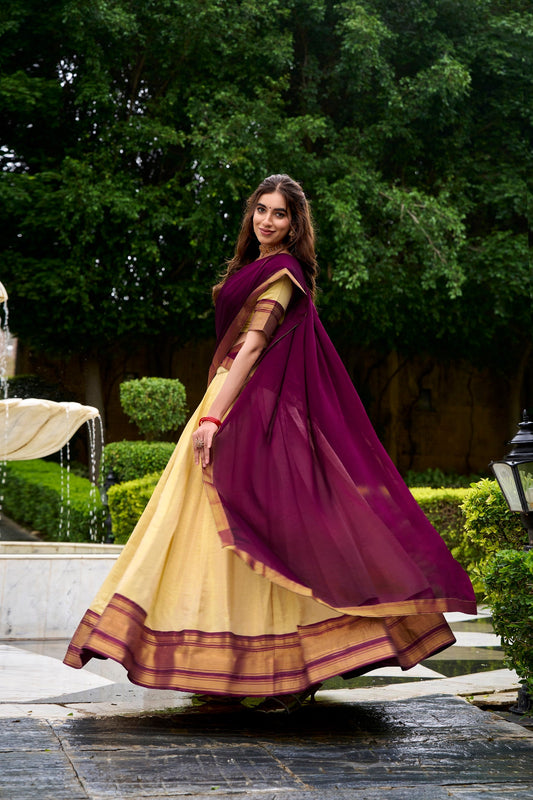 Lorenvalley Fashion Cream Kanchipuram Zari Weaving Work Lehenga Choli with Dupatta - Swadesiicart
