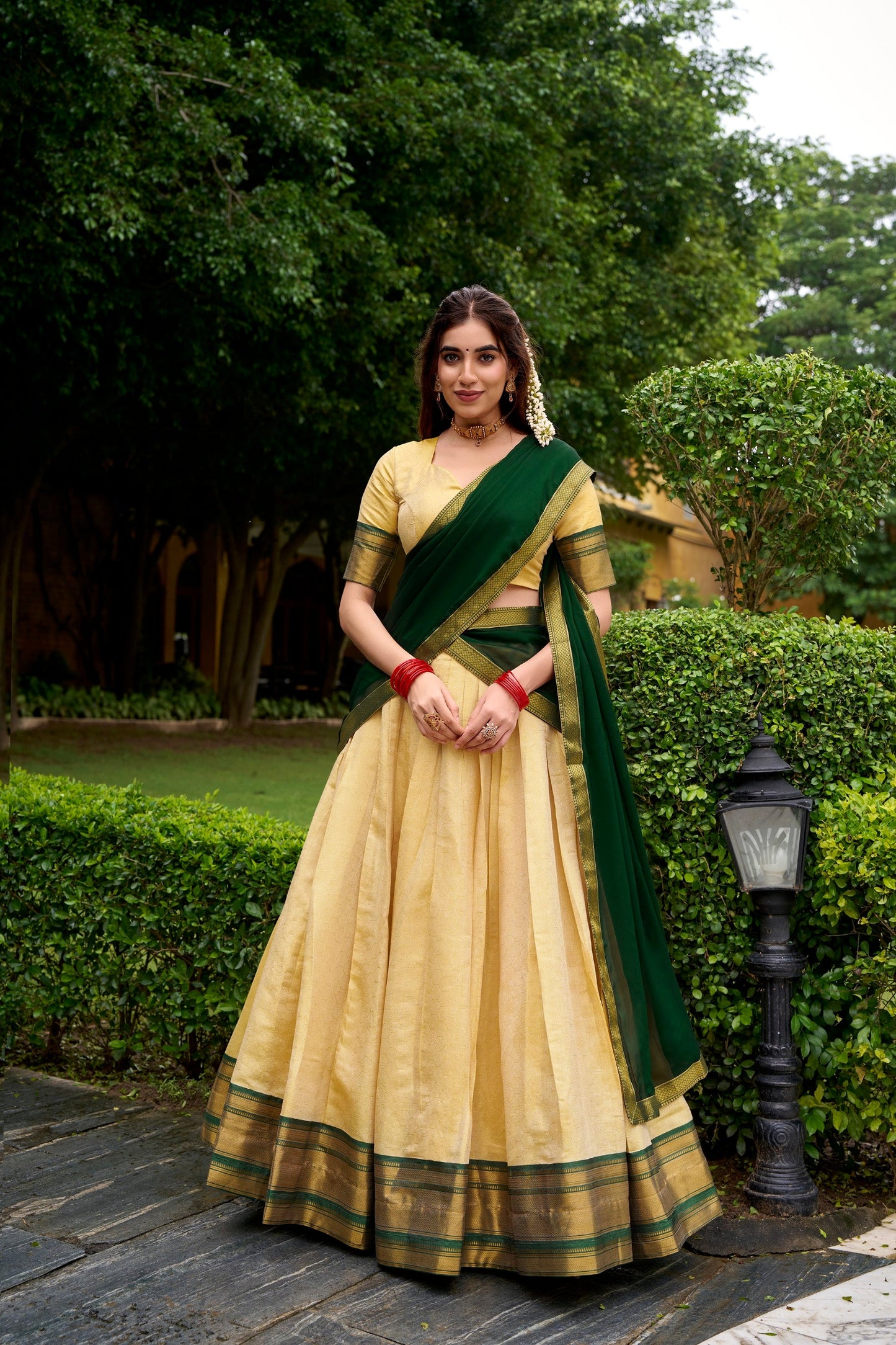 Lorenvalley Fashion Cream Kanchipuram Zari Weaving Work Lehenga Choli with Dupatta - Swadesiicart