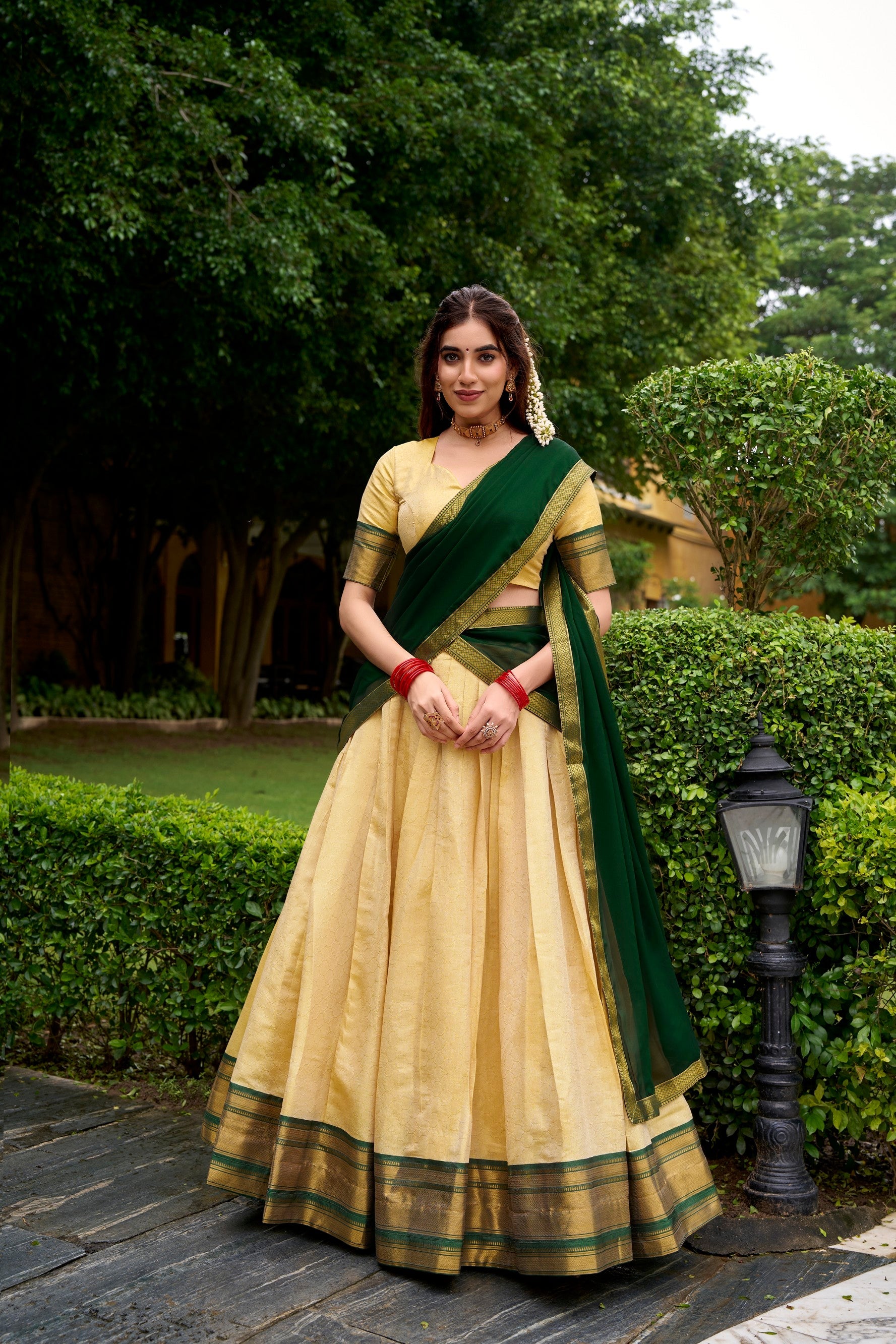Lorenvalley Fashion Cream Kanchipuram Zari Weaving Work Lehenga Choli with Dupatta - Swadesiicart
