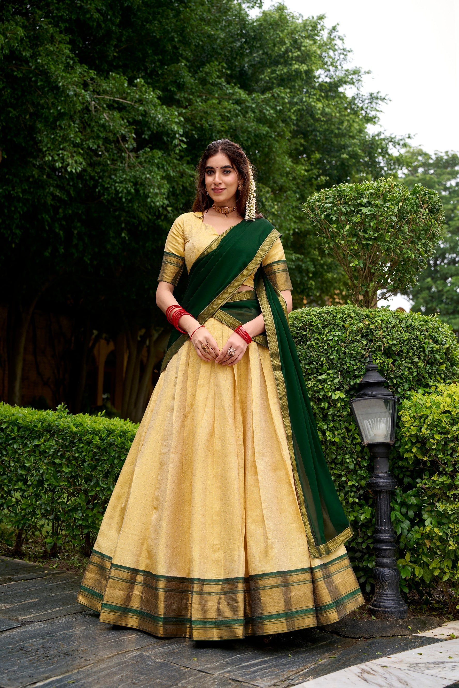 Lorenvalley Fashion Cream Kanchipuram Zari Weaving Work Lehenga Choli with Dupatta - Swadesiicart
