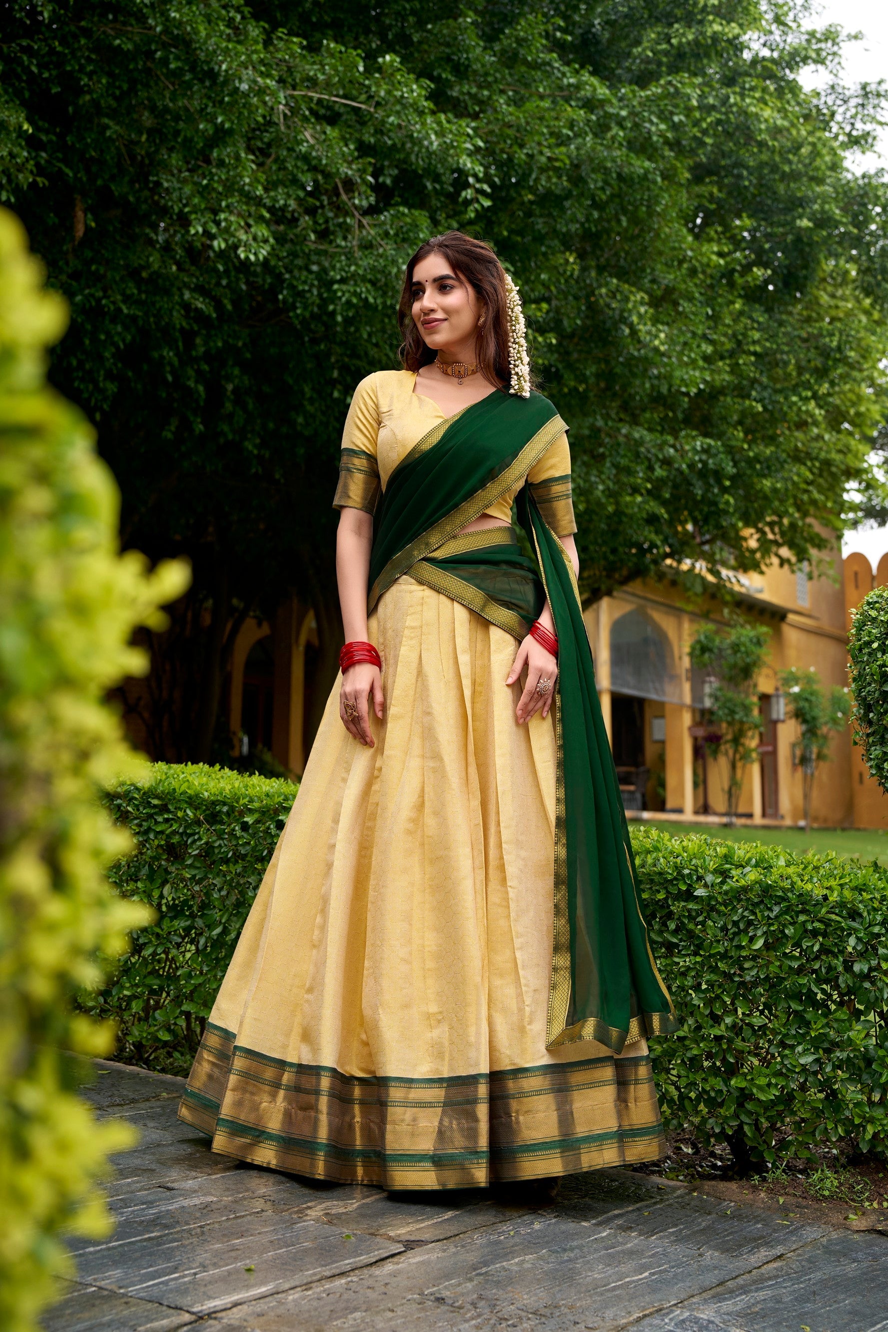 Lorenvalley Fashion Cream Kanchipuram Zari Weaving Work Lehenga Choli with Dupatta - Swadesiicart
