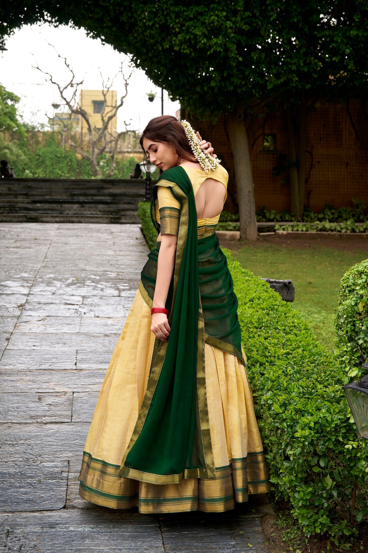 Lorenvalley Fashion Cream Kanchipuram Zari Weaving Work Lehenga Choli with Dupatta - Swadesiicart