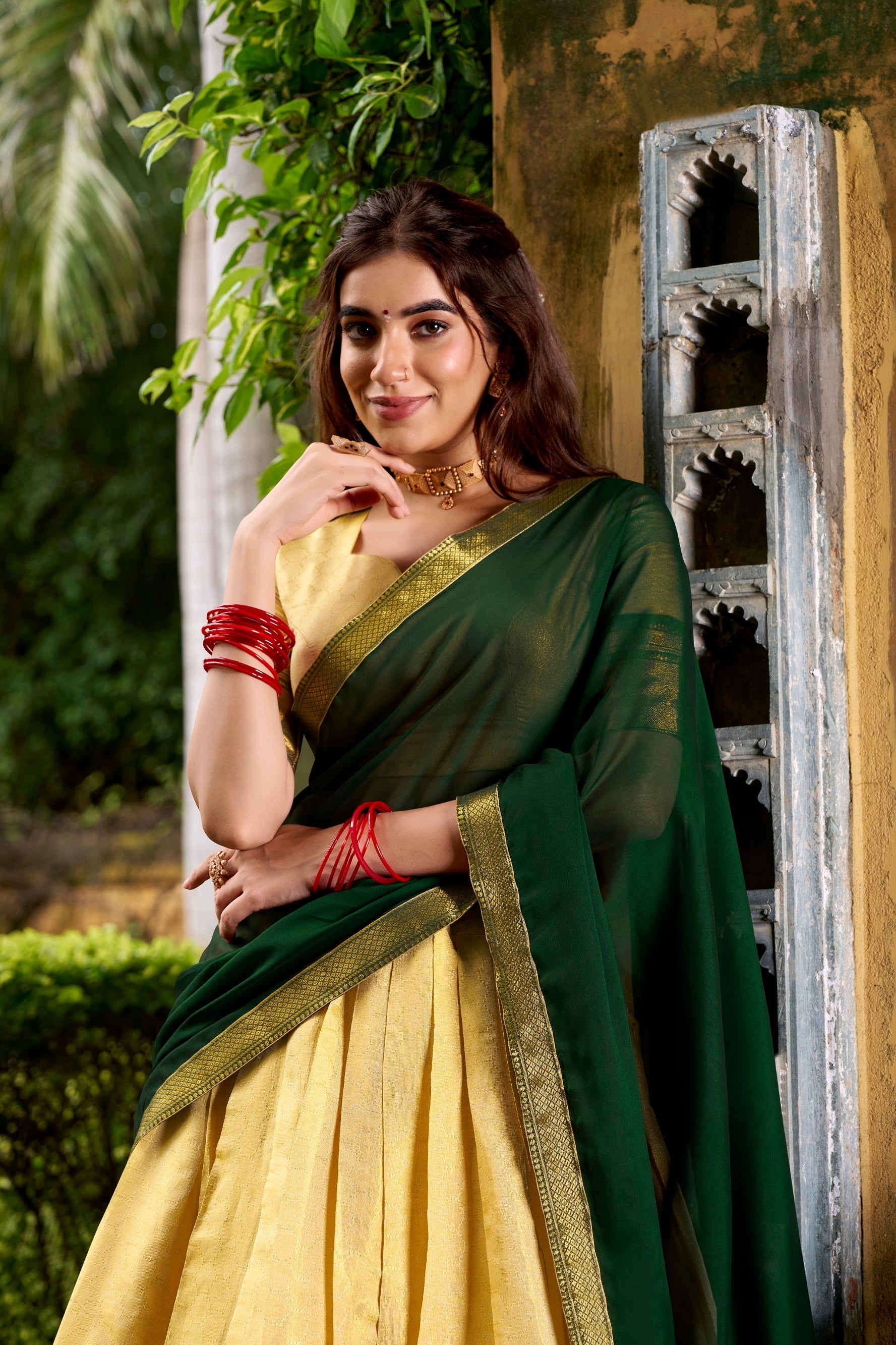 Lorenvalley Fashion Cream Kanchipuram Zari Weaving Work Lehenga Choli with Dupatta - Swadesiicart