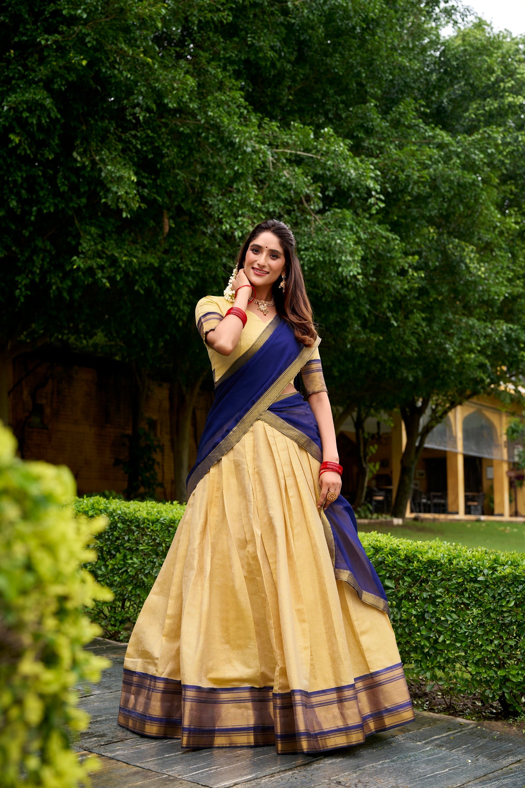 Lorenvalley Fashion Cream Kanchipuram Zari Weaving Work Lehenga Choli with Dupatta - Swadesiicart