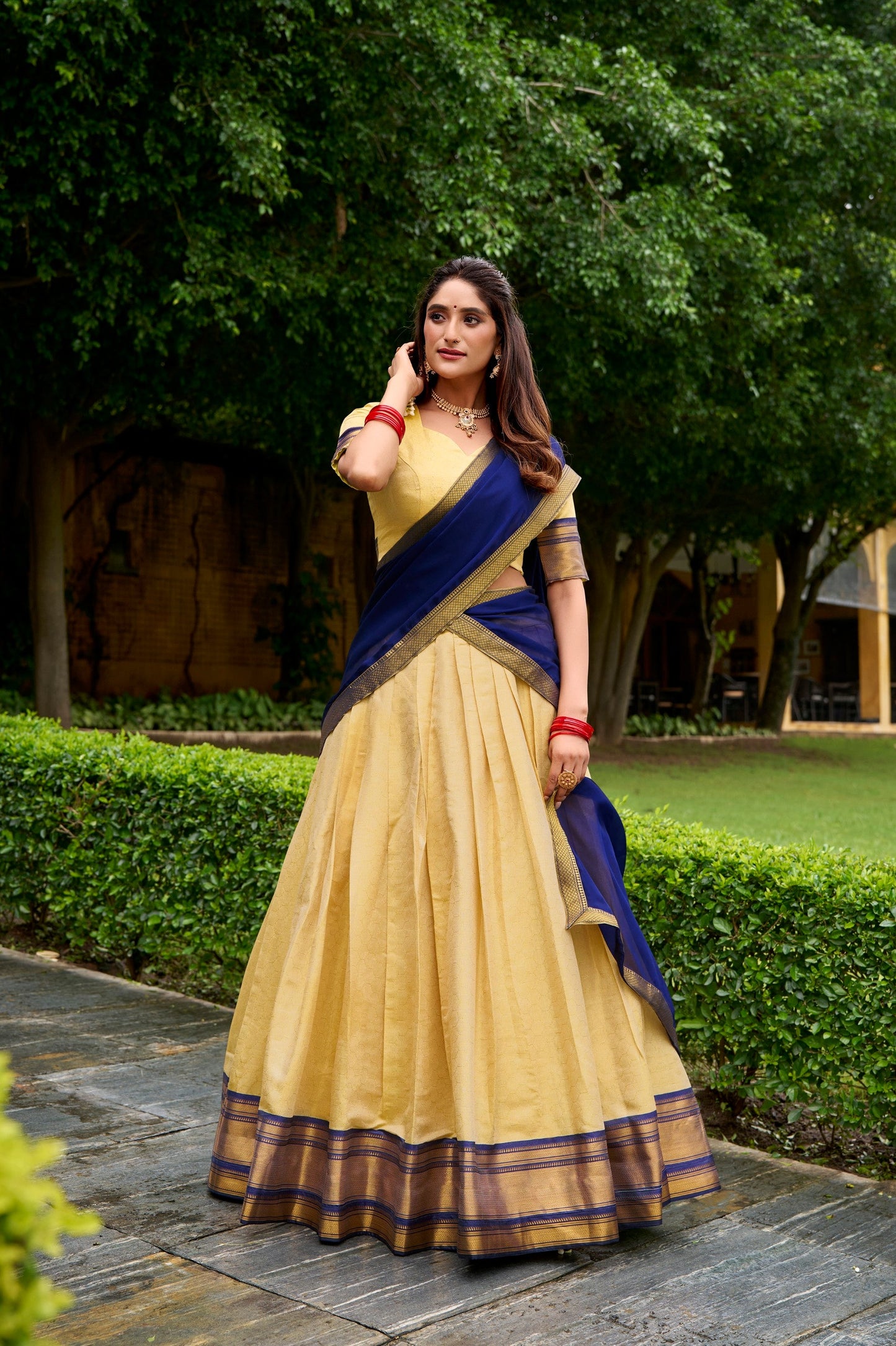 Lorenvalley Fashion Cream Kanchipuram Zari Weaving Work Lehenga Choli with Dupatta - Swadesiicart