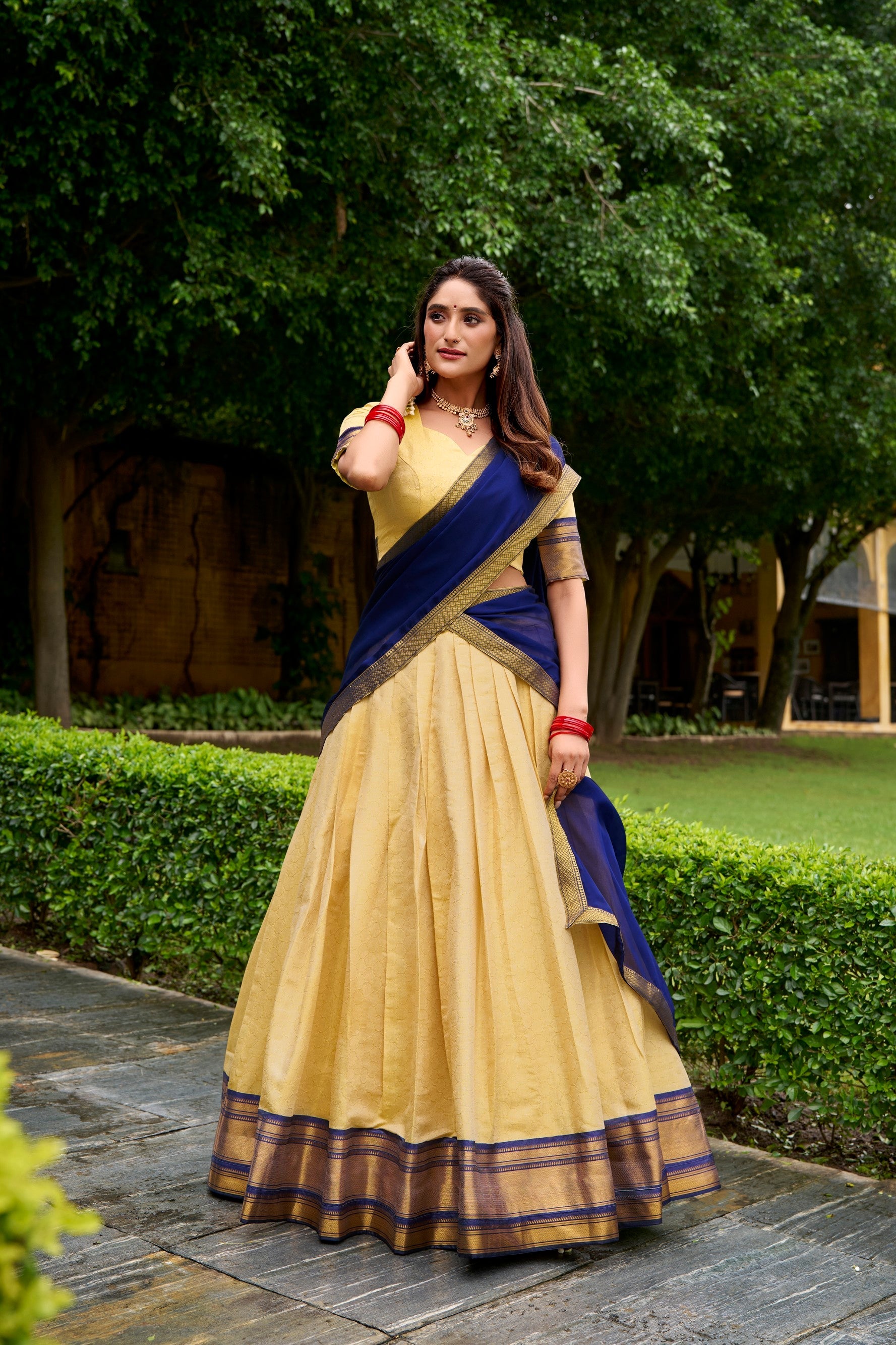 Lorenvalley Fashion Cream Kanchipuram Zari Weaving Work Lehenga Choli with Dupatta - Swadesiicart
