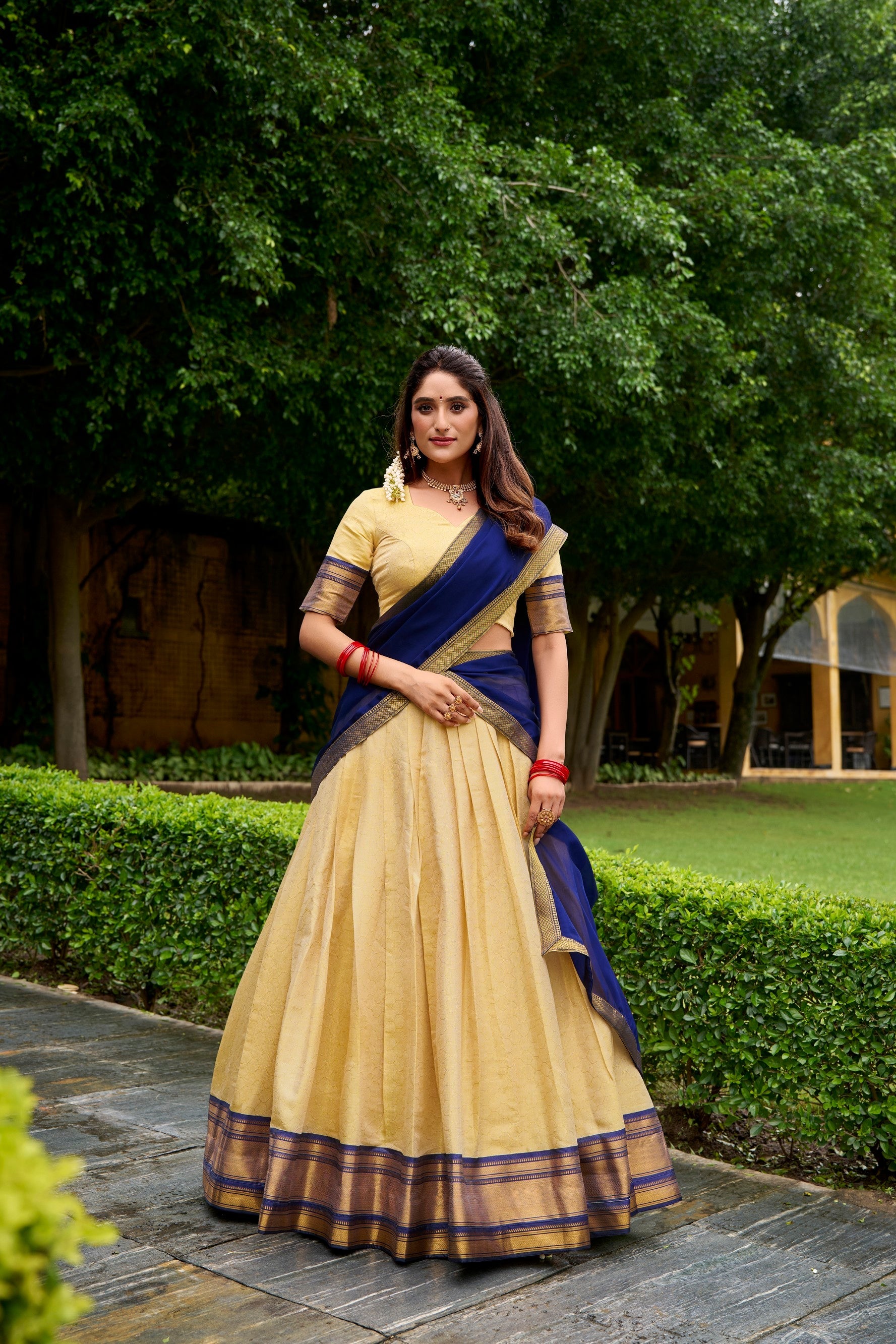 Lorenvalley Fashion Cream Kanchipuram Zari Weaving Work Lehenga Choli with Dupatta - Swadesiicart