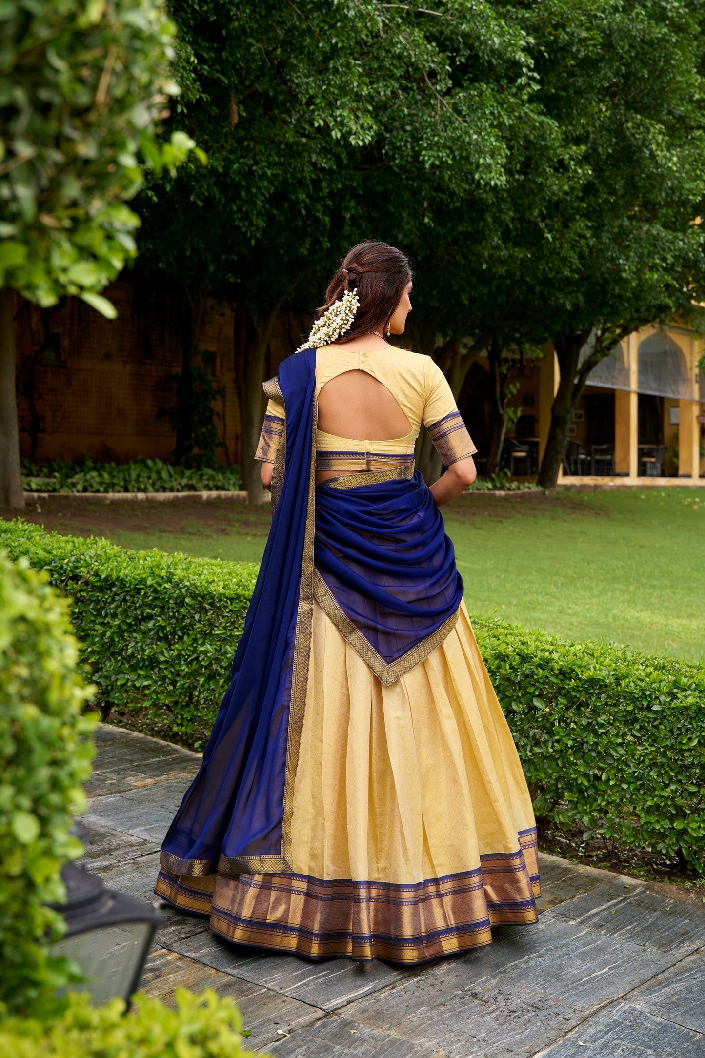 Lorenvalley Fashion Cream Kanchipuram Zari Weaving Work Lehenga Choli with Dupatta - Swadesiicart