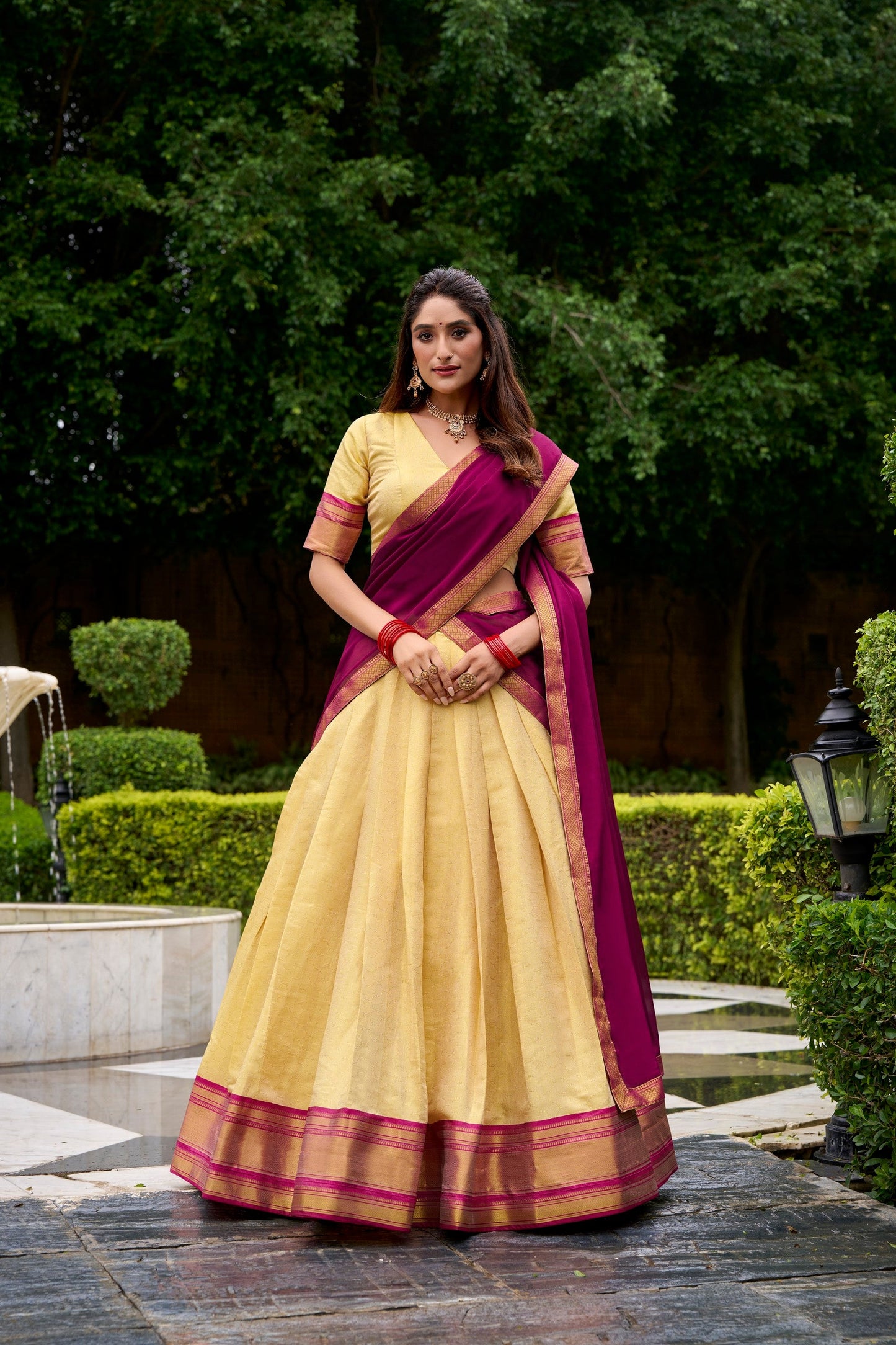 Lorenvalley Fashion Cream Kanchipuram Zari Weaving Work Lehenga Choli with Dupatta - Swadesiicart