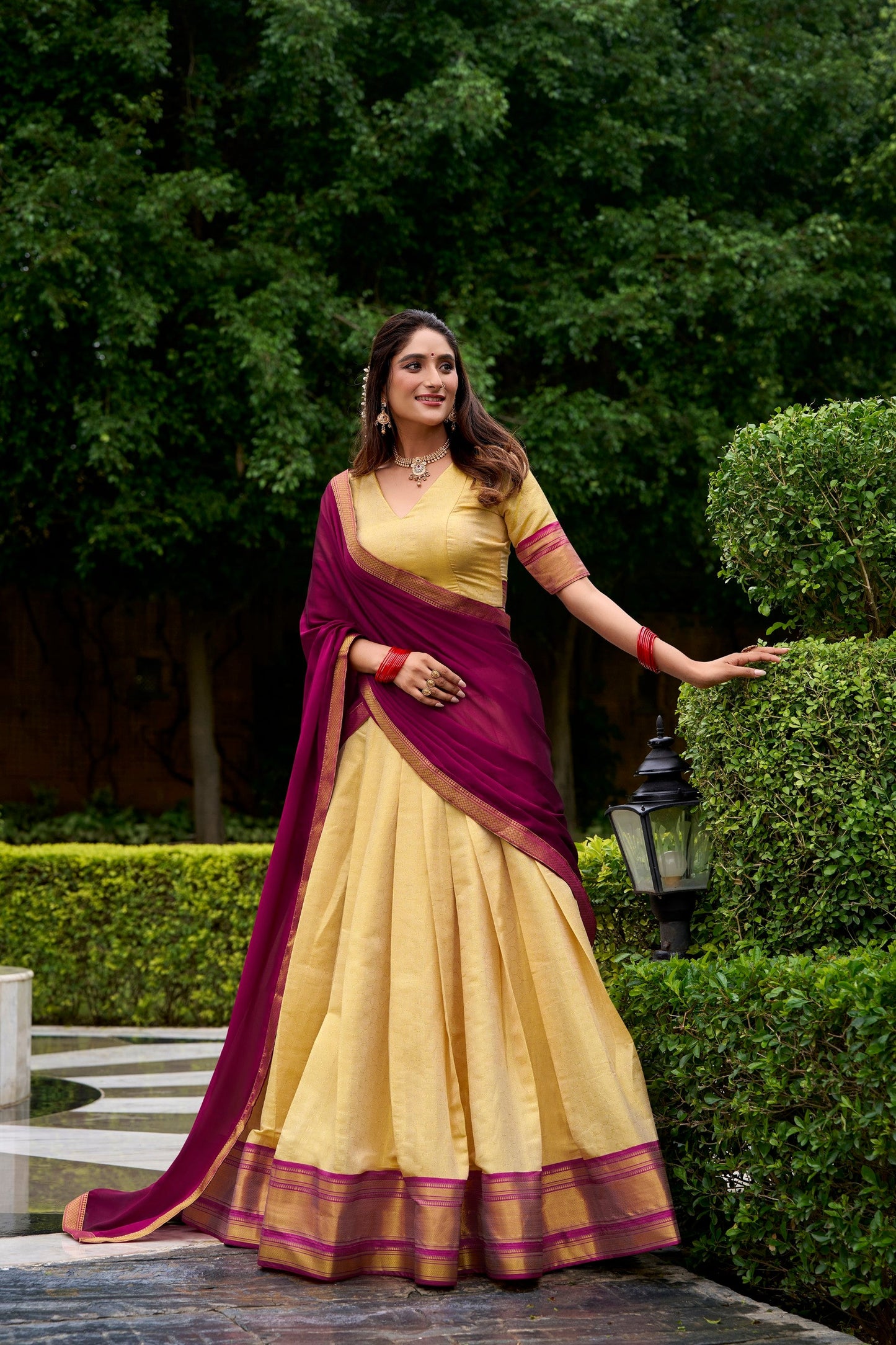 Lorenvalley Fashion Cream Kanchipuram Zari Weaving Work Lehenga Choli with Dupatta - Swadesiicart