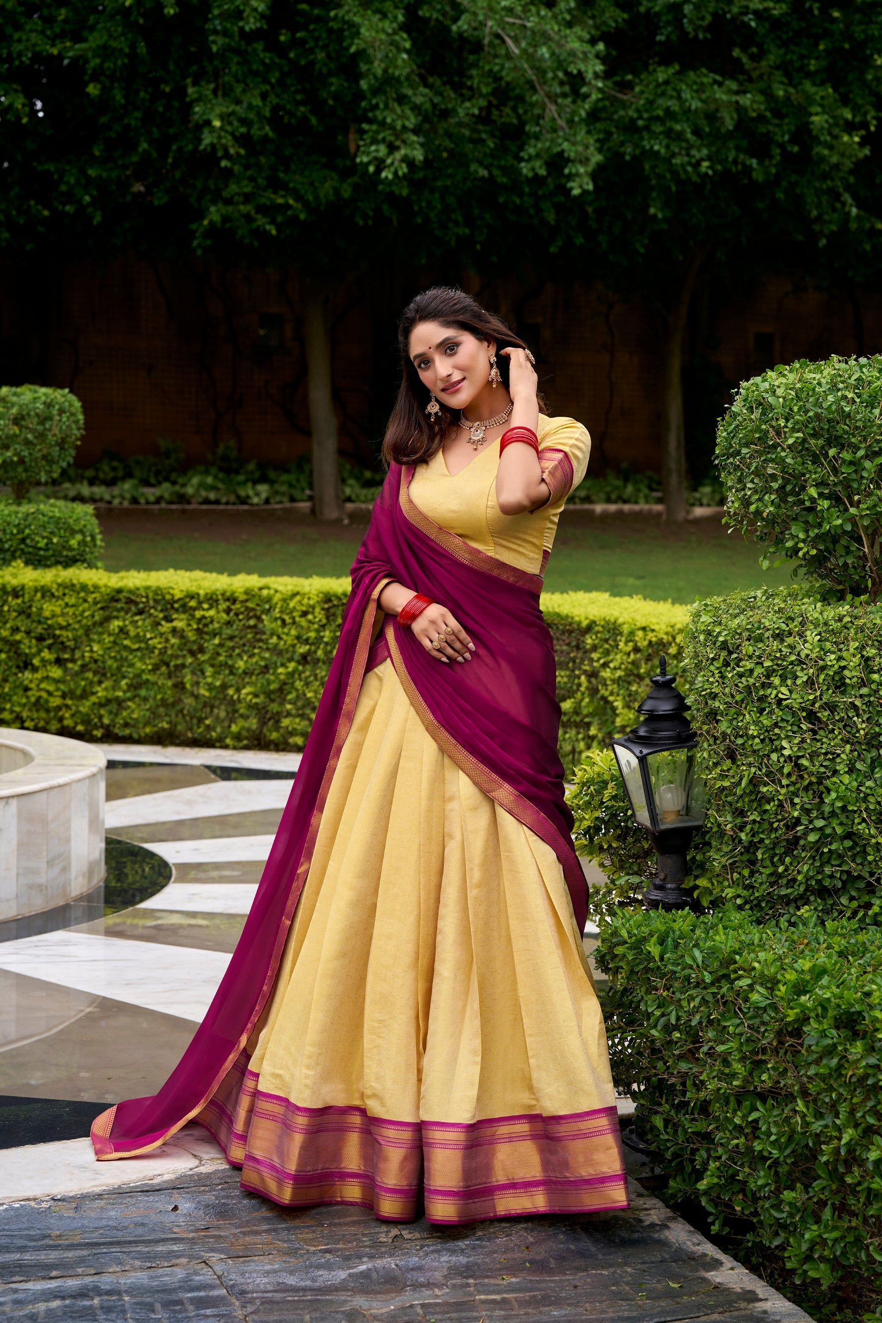Lorenvalley Fashion Cream Kanchipuram Zari Weaving Work Lehenga Choli with Dupatta - Swadesiicart