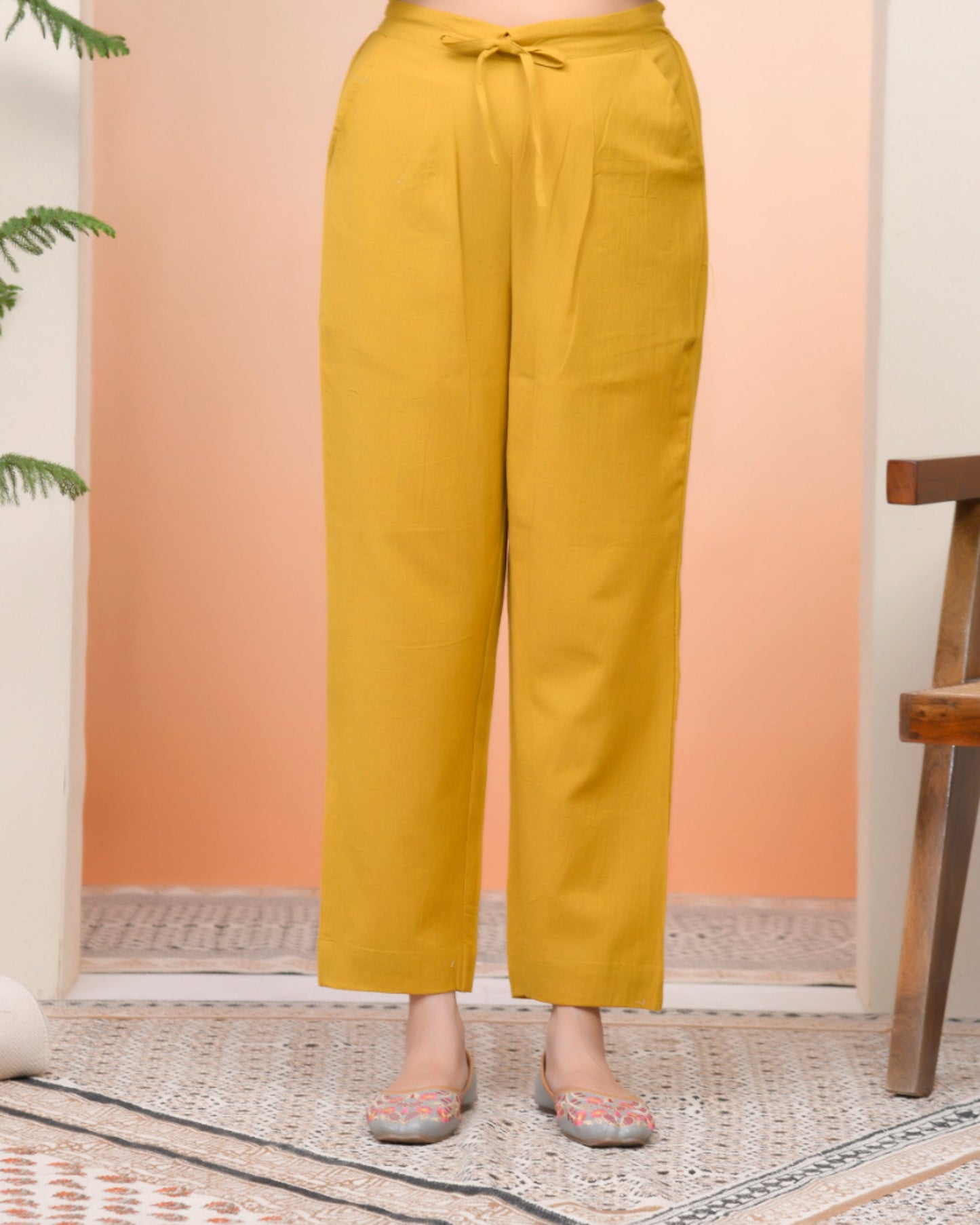 Vaasva Women Mustard Cotton Flax Solid Straight Pants | Swadesiicart