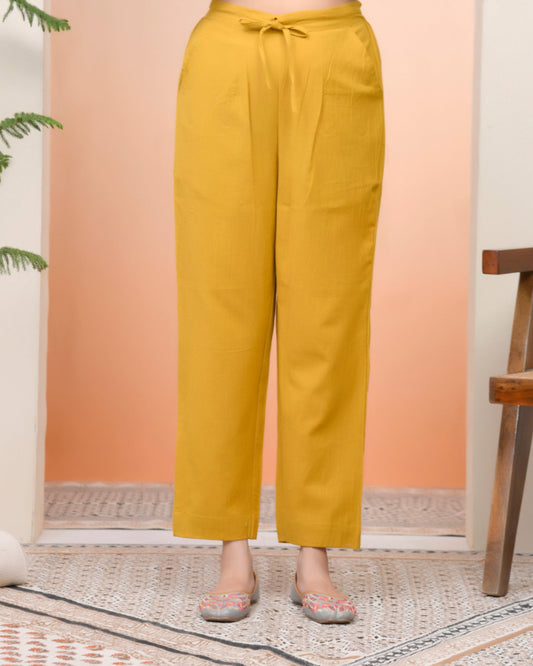 Vaasva Women Mustard Cotton Flax Solid Straight Pants | Swadesiicart