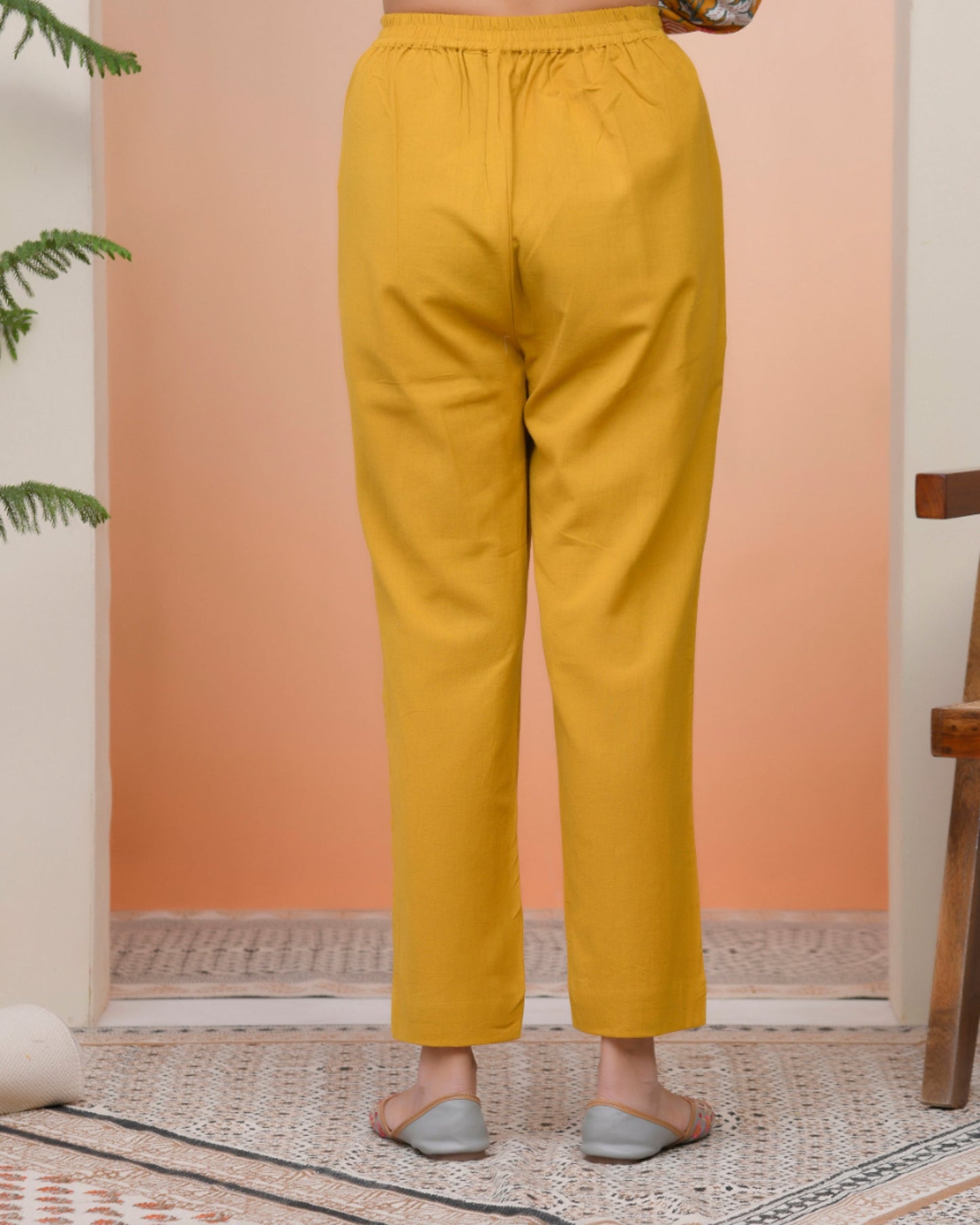 Vaasva Women Mustard Cotton Flax Solid Straight Pants | Swadesiicart
