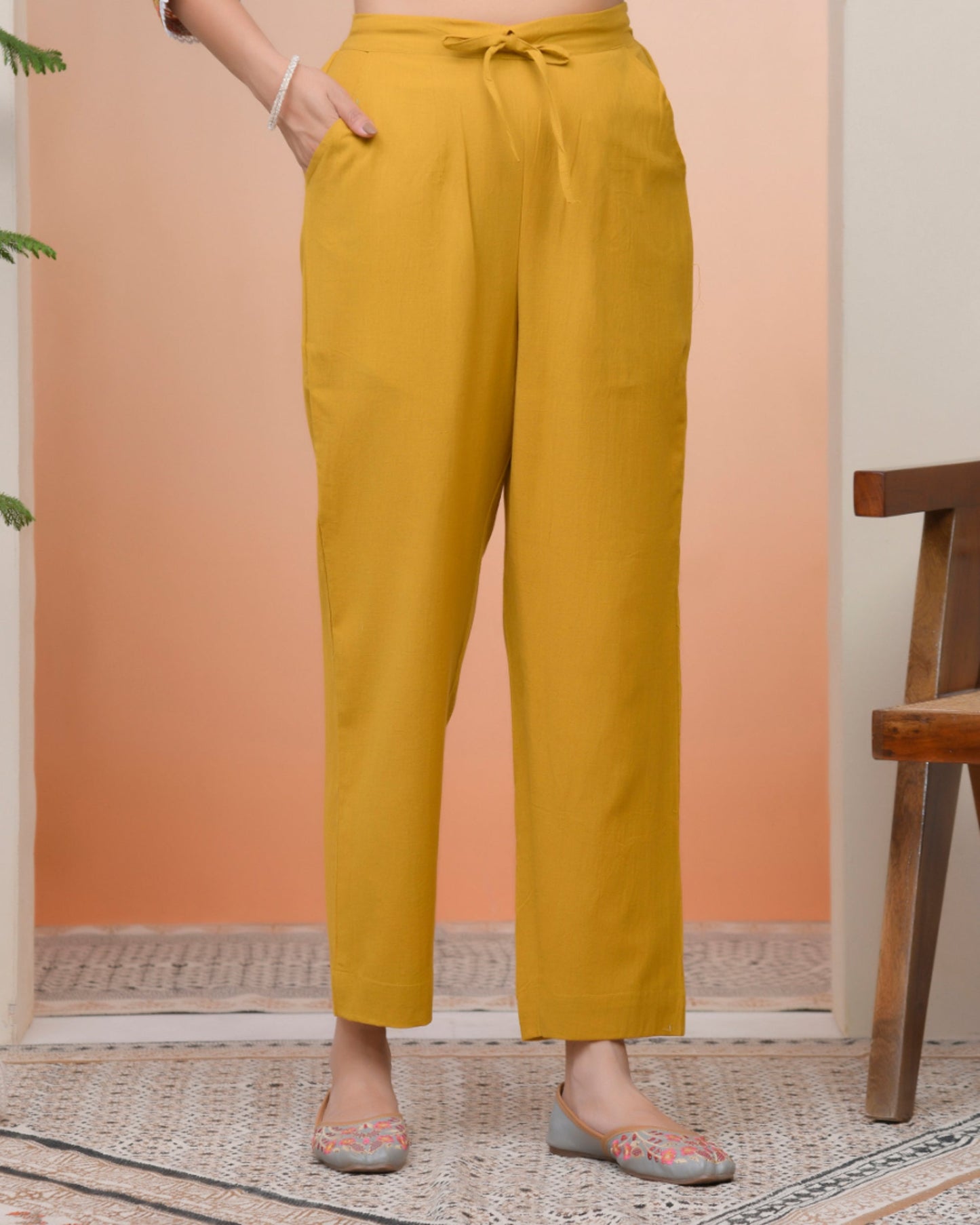 Vaasva Women Mustard Cotton Flax Solid Straight Pants | Swadesiicart