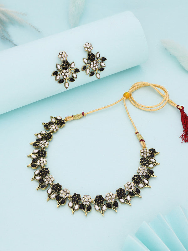 Tehzeeb Creations Black & White Gold Pleated Stone Studded Necklace With Earrings - Swadesiicart