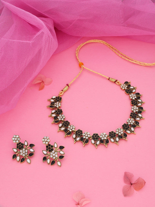 Tehzeeb Creations Black & White Gold Pleated Stone Studded Necklace With Earrings - Swadesiicart