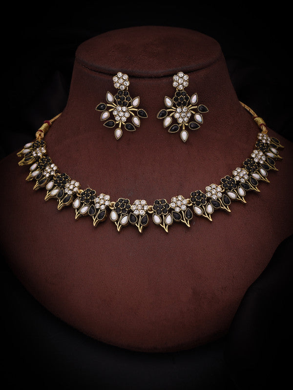 Tehzeeb Creations Black & White Gold Pleated Stone Studded Necklace With Earrings - Swadesiicart
