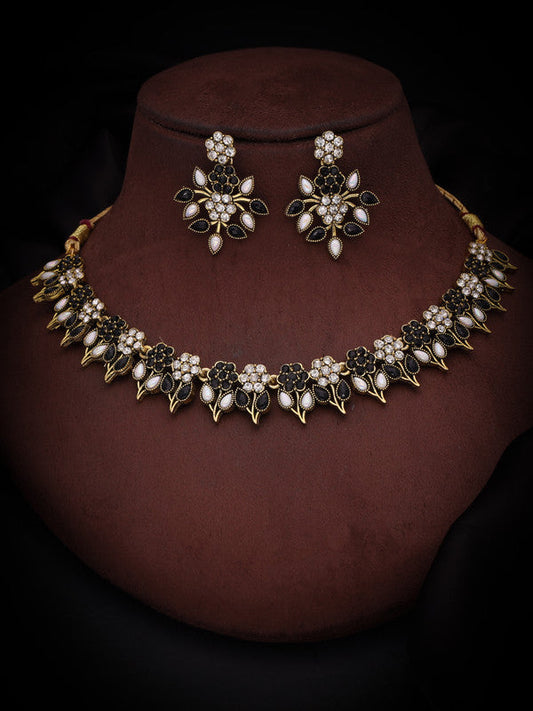 Tehzeeb Creations Black & White Gold Pleated Stone Studded Necklace With Earrings - Swadesiicart