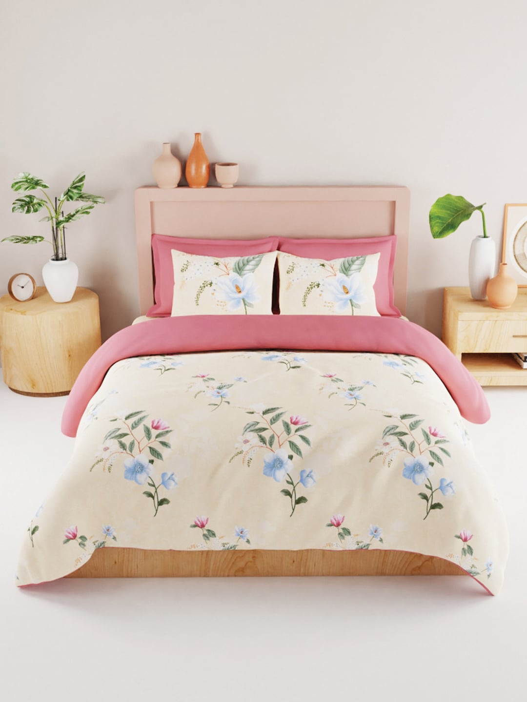 BIANCA Yellow & Blue Floral 186 TC King Bedsheet with 2 Pillow Covers - Swadesiicart