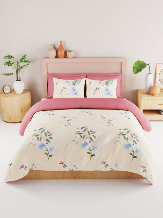 BIANCA Yellow & Blue Floral 186 TC King Bedsheet with 2 Pillow Covers - Swadesiicart