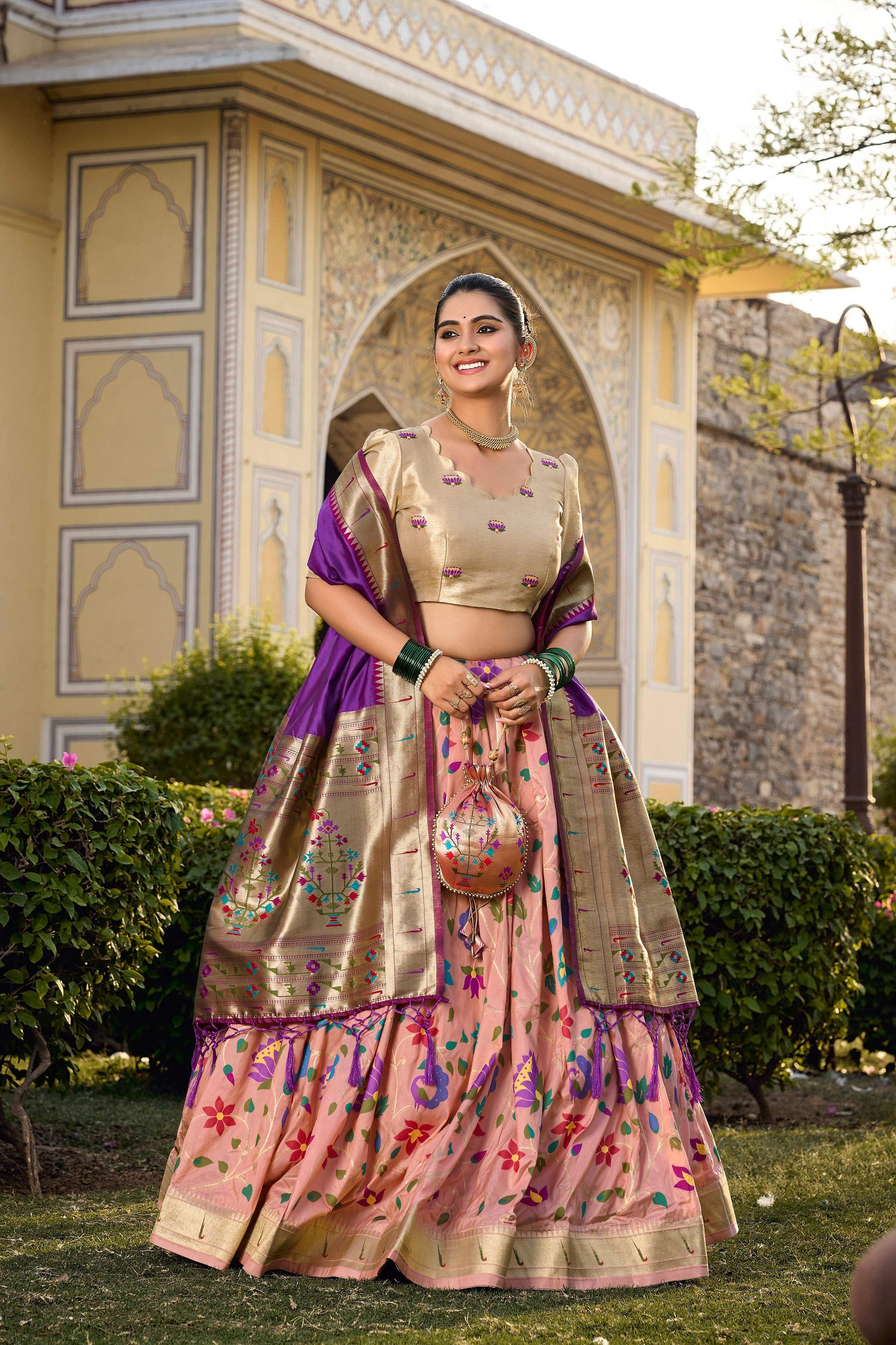 Lorenvalley Fashion Peach Jacquard Silk Paithani Weaving Zari Work Lehenga Choli with Dupatta | Swadesiicart