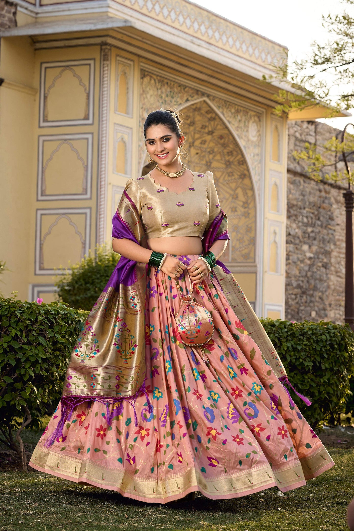 Lorenvalley Fashion Peach Jacquard Silk Paithani Weaving Zari Work Lehenga Choli with Dupatta | Swadesiicart