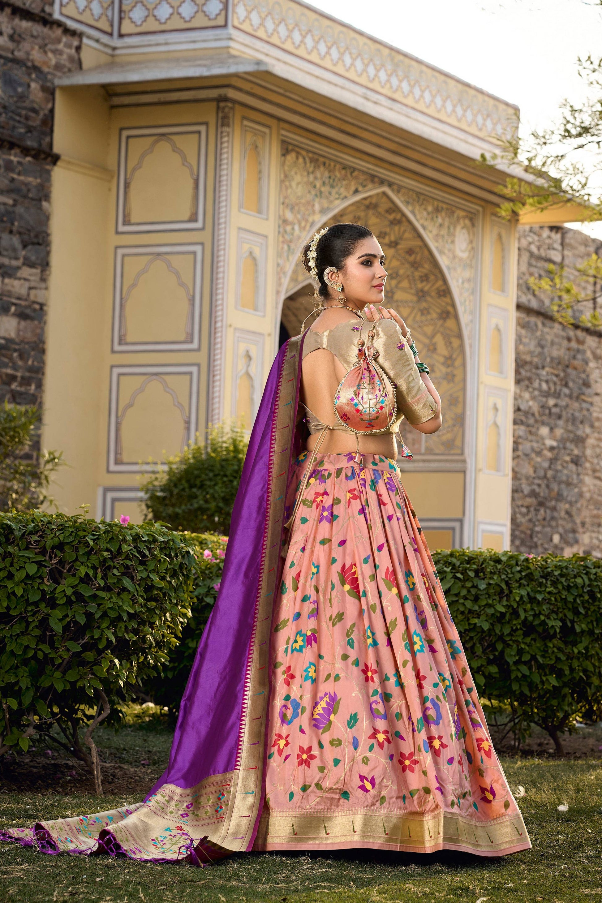 Lorenvalley Fashion Peach Jacquard Silk Paithani Weaving Zari Work Lehenga Choli with Dupatta | Swadesiicart