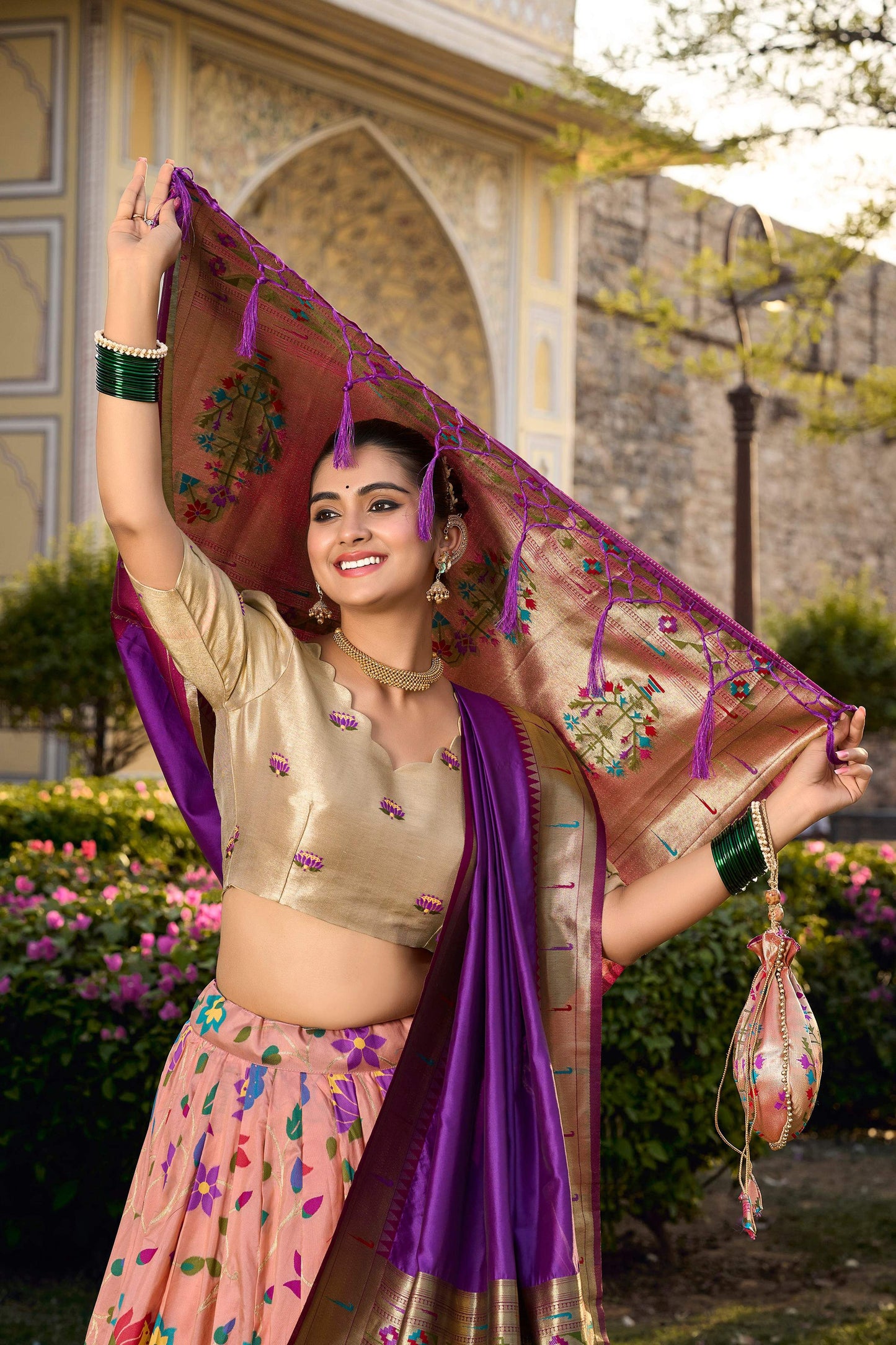 Lorenvalley Fashion Peach Jacquard Silk Paithani Weaving Zari Work Lehenga Choli with Dupatta | Swadesiicart
